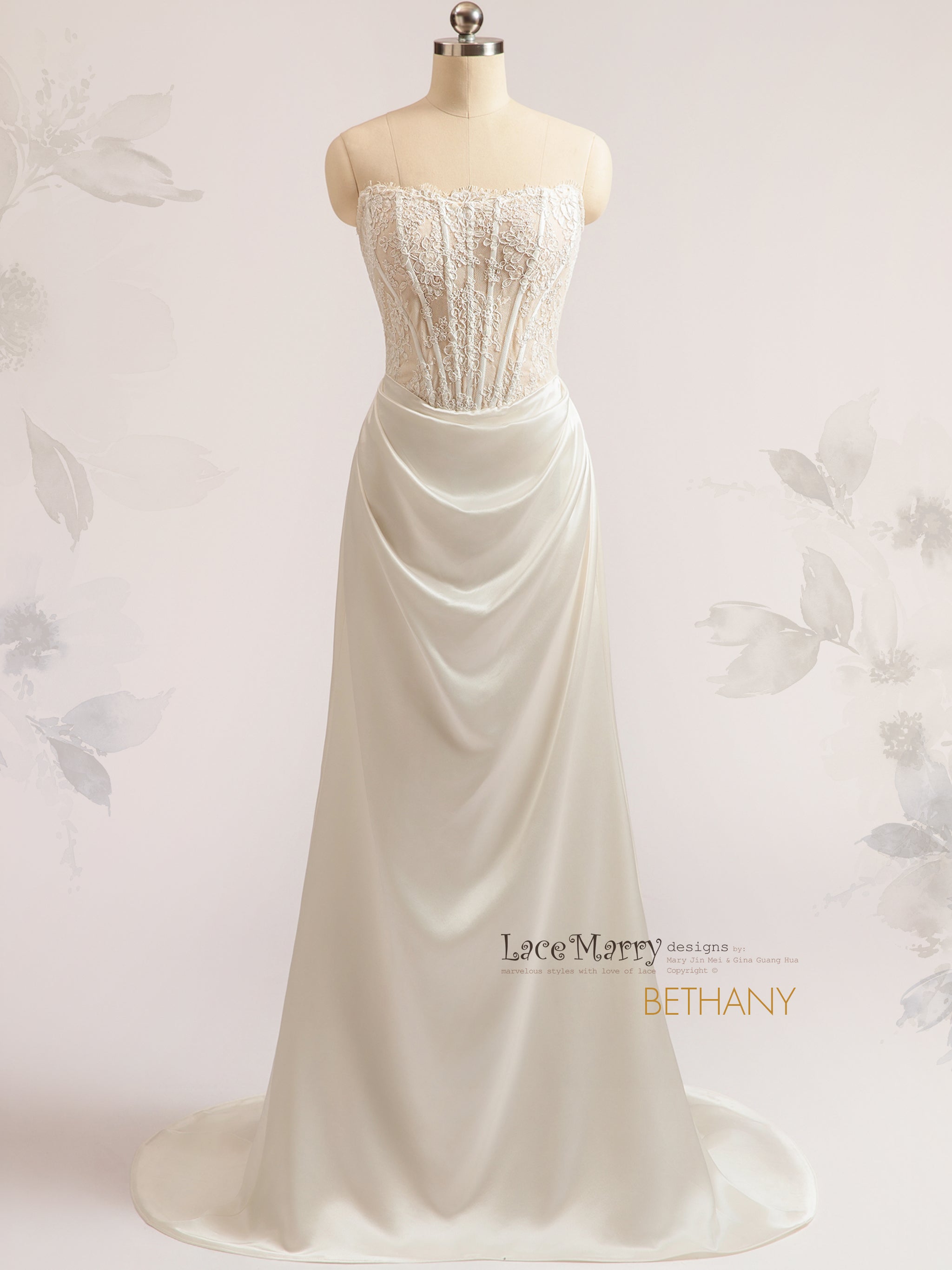 BETHANY / Straight Neck Wedding Dress with Drape Satin Skirt - LaceMarry BETHANY / Straight Neck Wedding Dress with Drape Satin Skirt - LaceMarry
