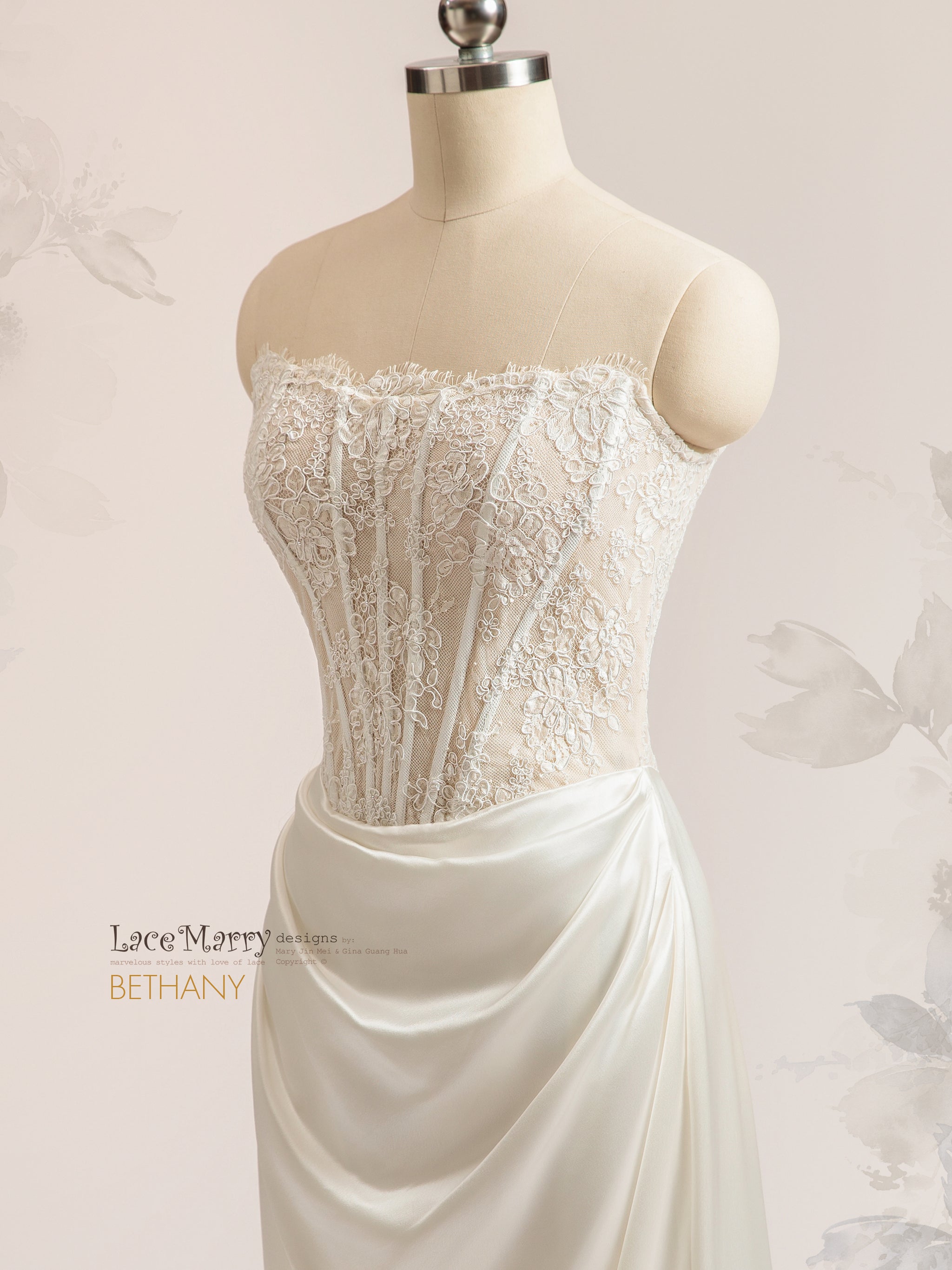 BETHANY / Straight Neck Wedding Dress with Drape Satin Skirt - LaceMarry BETHANY / Straight Neck Wedding Dress with Drape Satin Skirt - LaceMarry