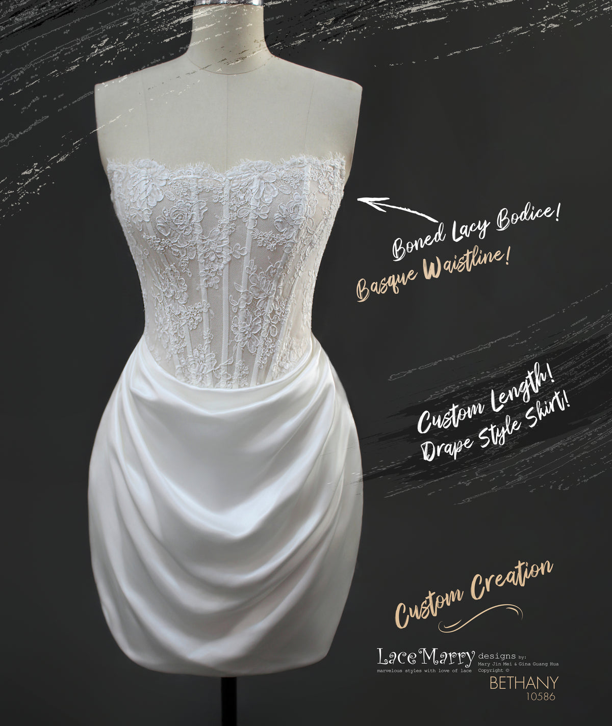 BETHANY / Straight Neck Wedding Dress with Drape Satin Skirt