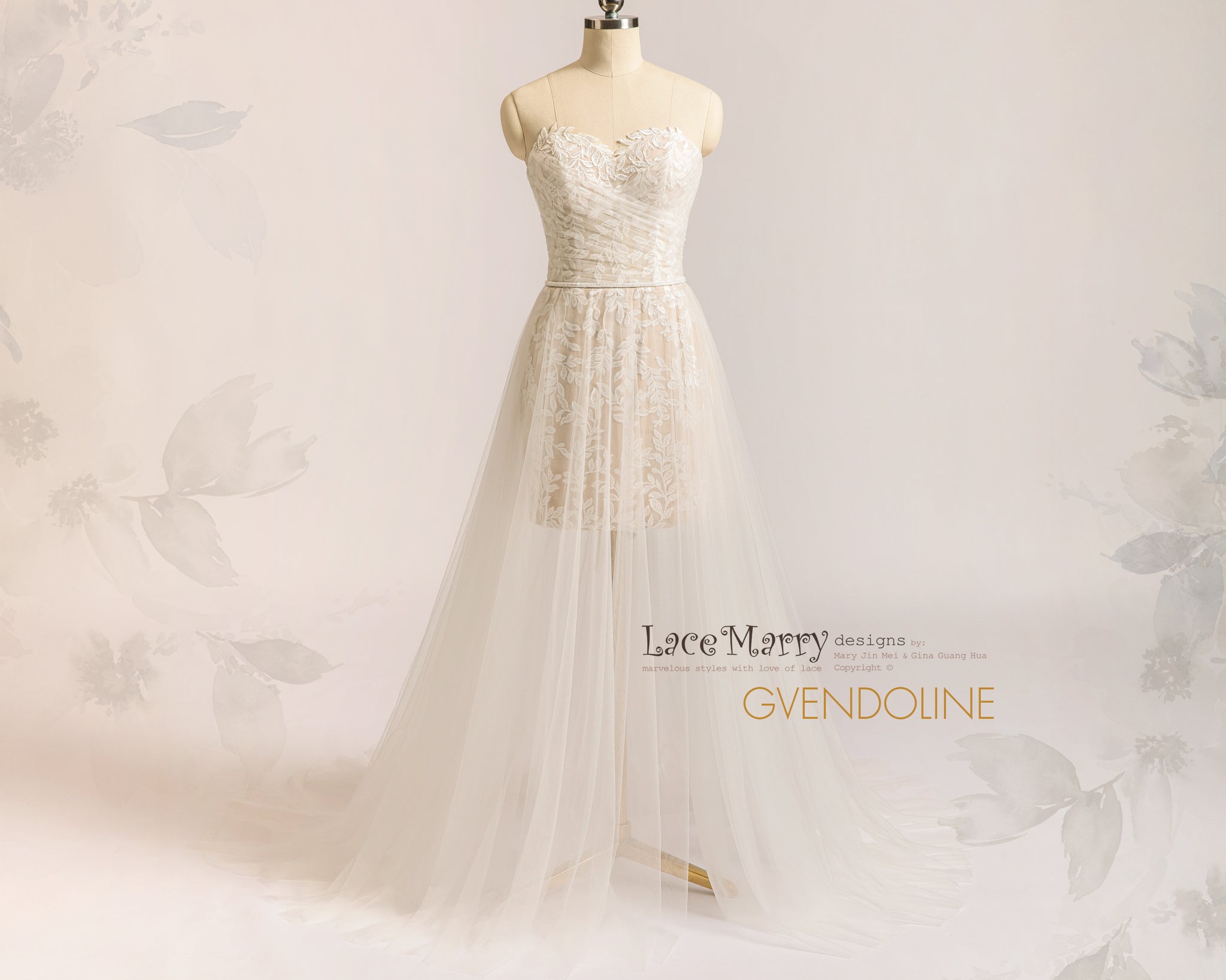 GVENDOLINE / Beach Wedding Dress with Short Skirt and Tulle Overlay