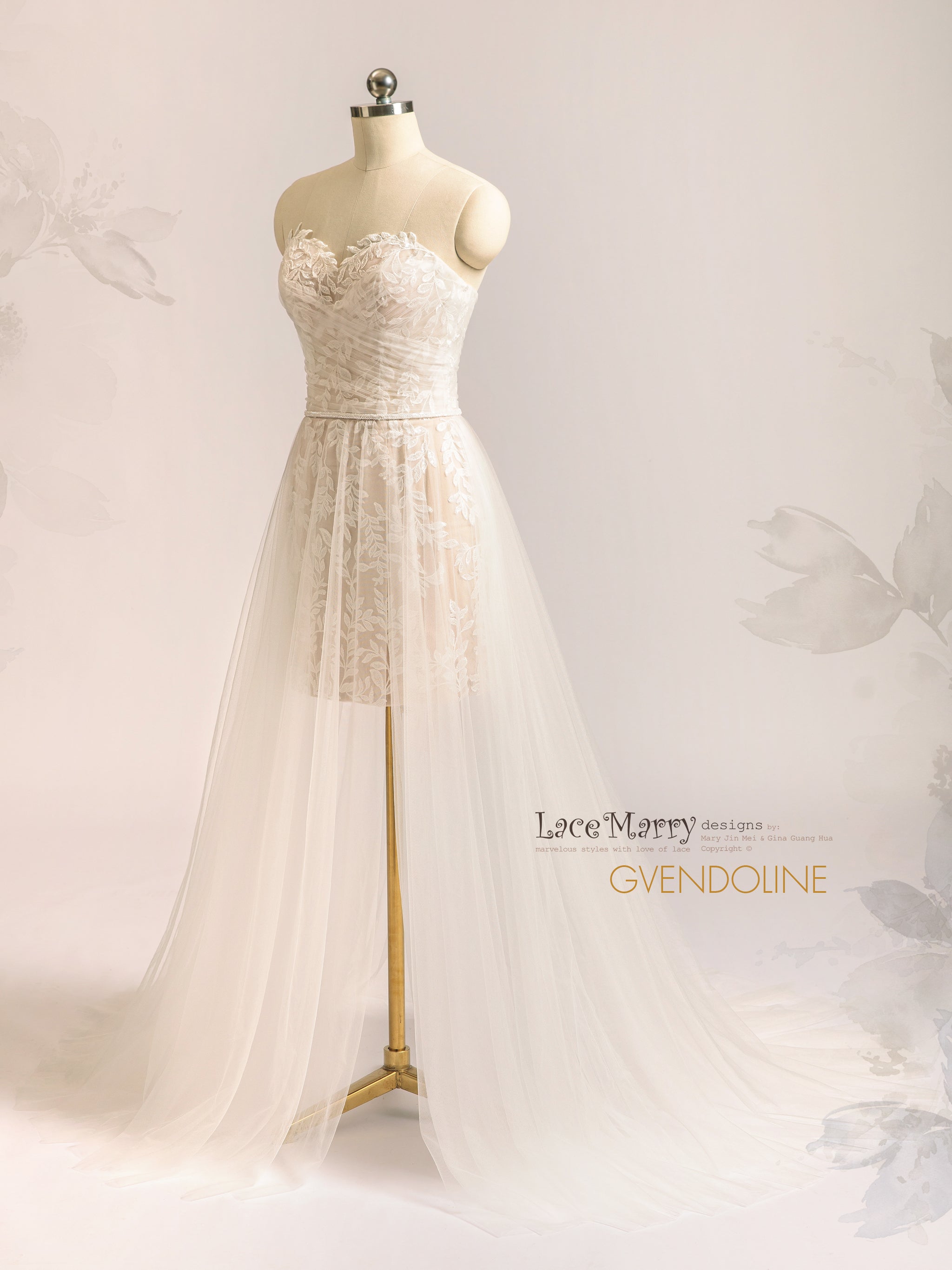 GVENDOLINE / Beach Wedding Dress with Short Skirt and Tulle Overlay - LaceMarry GVENDOLINE / Beach Wedding Dress with Short Skirt and Tulle Overlay - LaceMarry