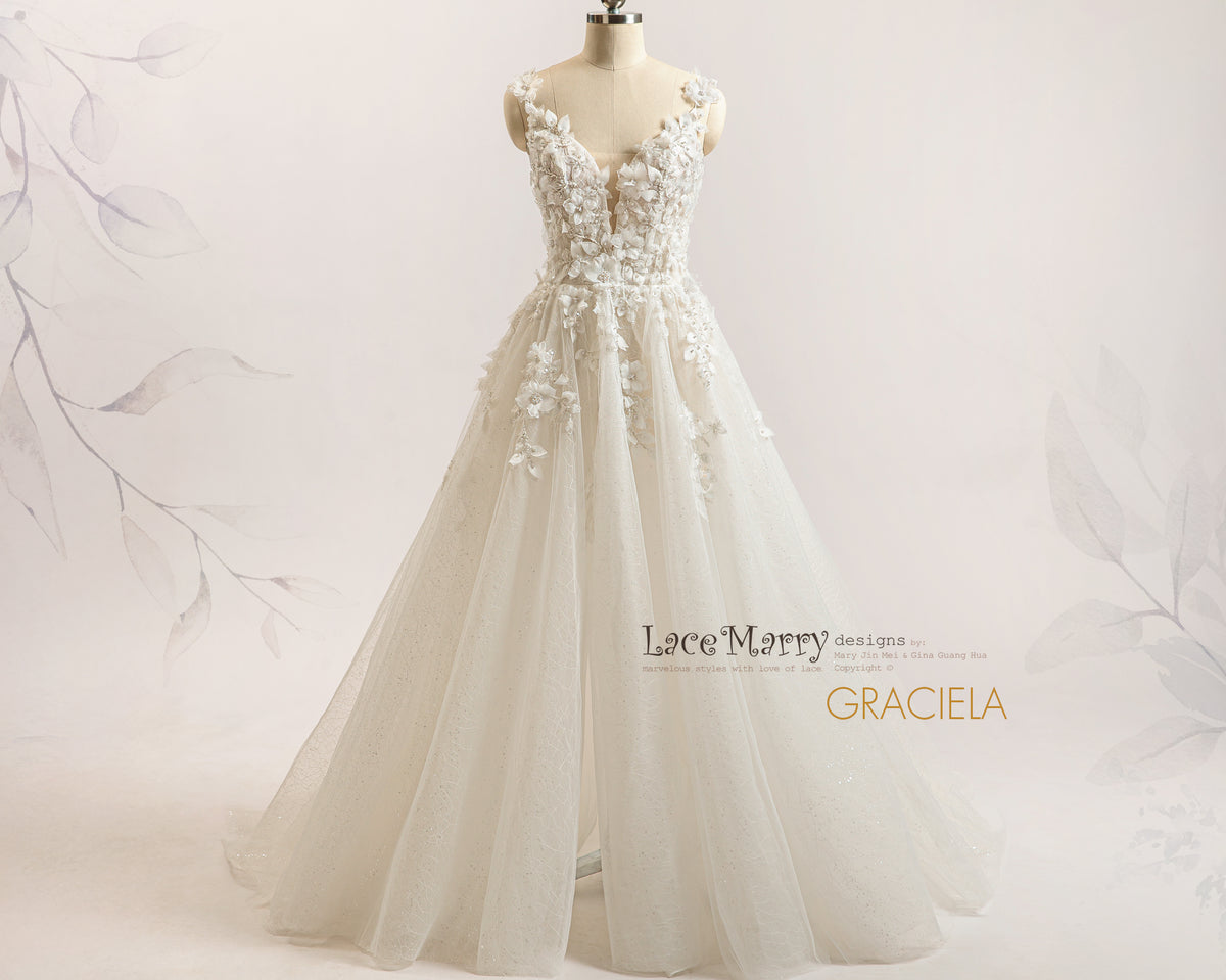 GRACIELA / Sexy Slit A Line Wedding Dress with 3D Floral Appliques - LaceMarry GRACIELA / Sexy Slit A Line Wedding Dress with 3D Floral Appliques - LaceMarry
