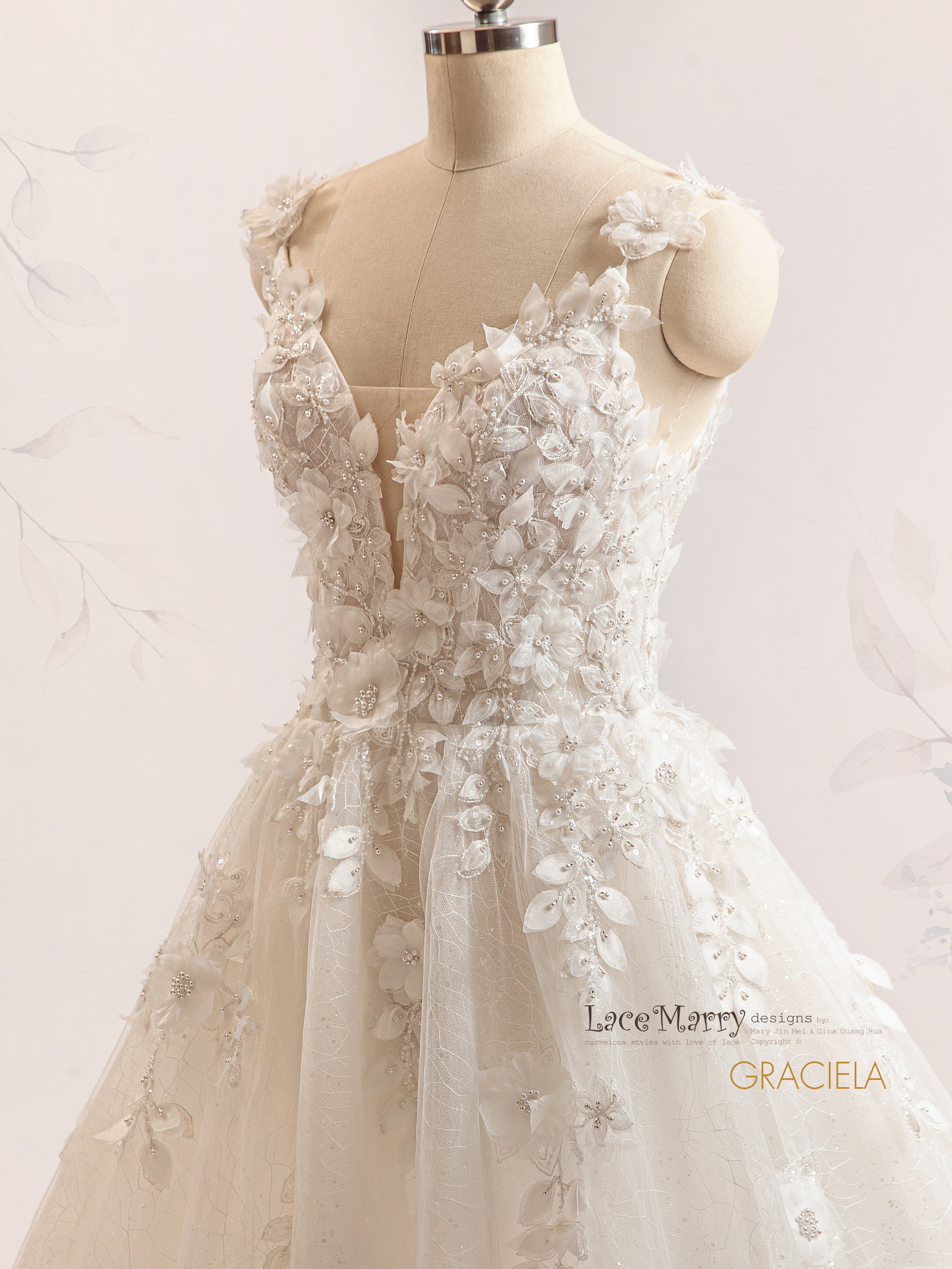 GRACIELA / Sexy Slit A Line Wedding Dress with 3D Floral Appliques