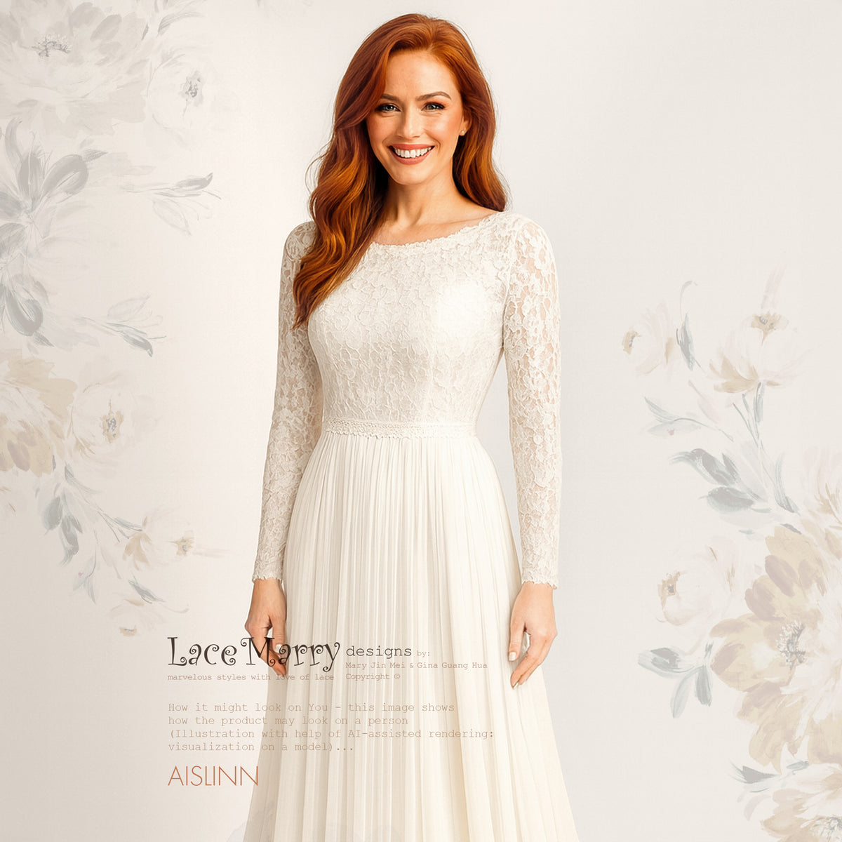 AISLINN / Long-Sleeve Lace &amp; Pleated Chiffon A-Line Wedding Dress