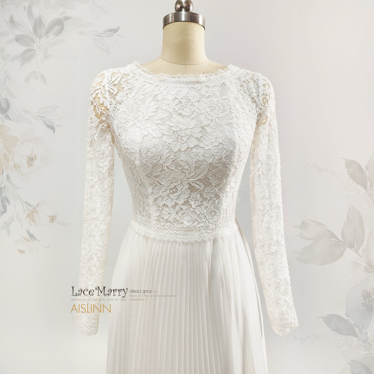 AISLINN / Long-Sleeve Lace &amp; Pleated Chiffon A-Line Wedding Dress