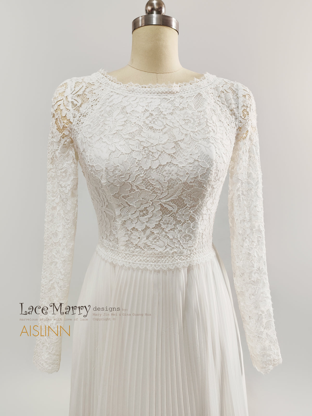 AISLINN / Long-Sleeve Lace &amp; Pleated Chiffon A-Line Wedding Dress