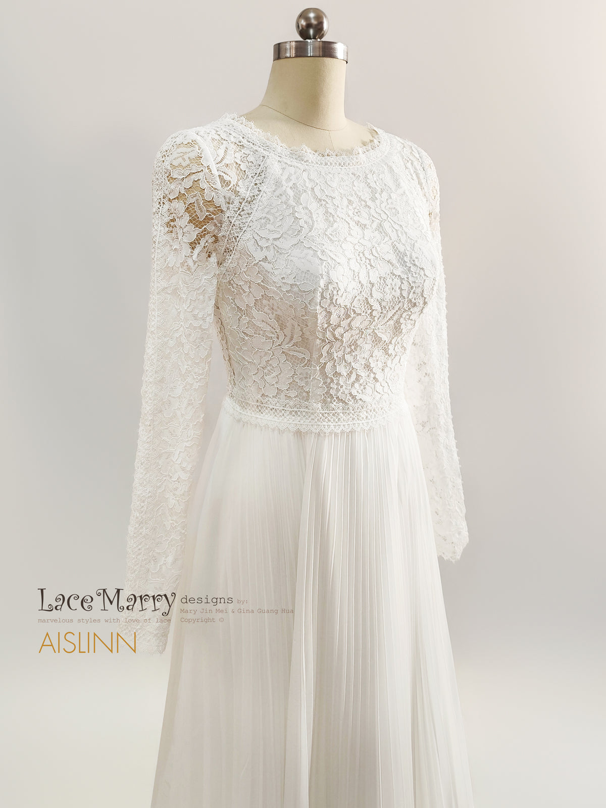 AISLINN / Long-Sleeve Lace &amp; Pleated Chiffon A-Line Wedding Dress