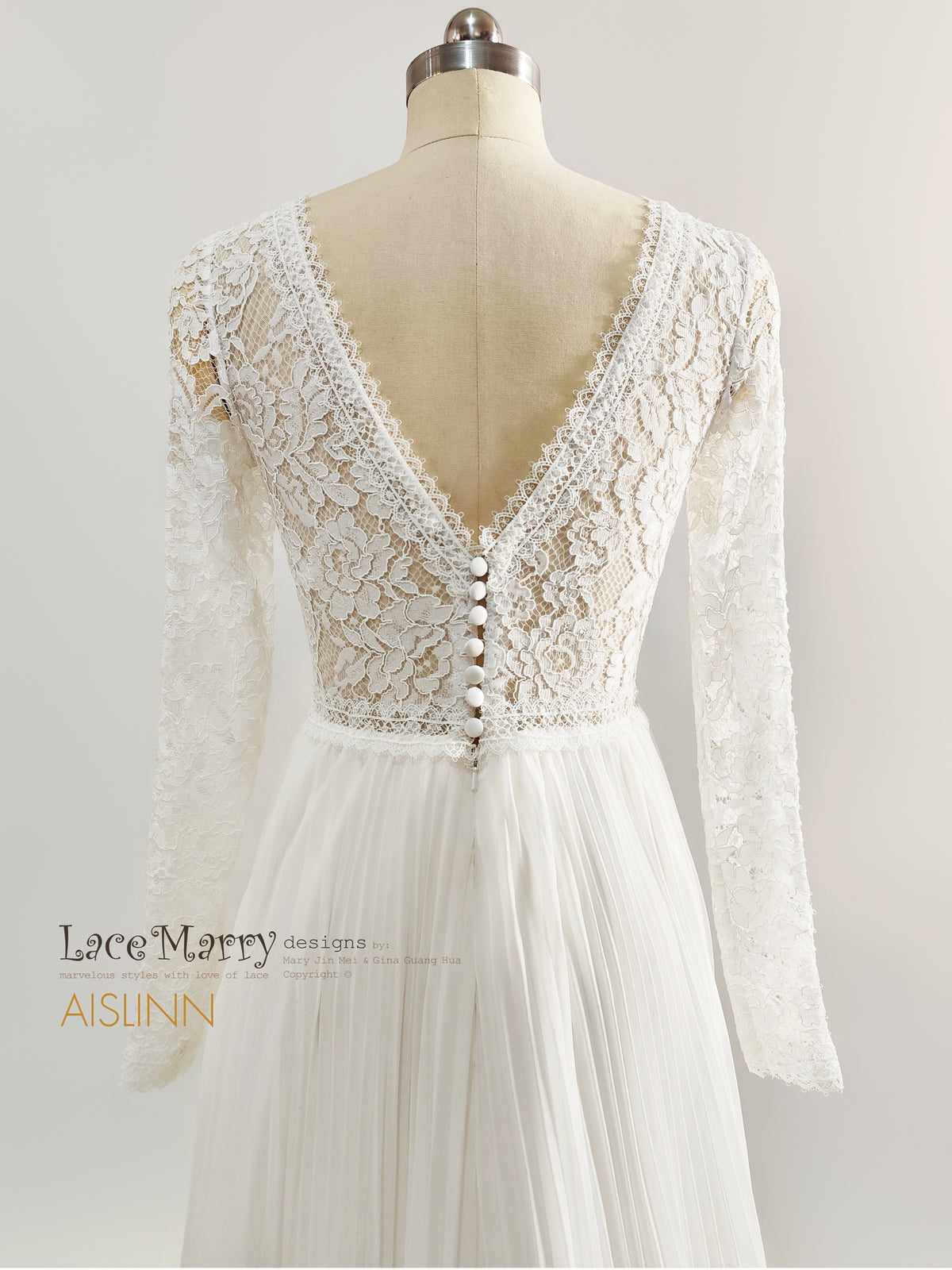 AISLINN / Long-Sleeve Lace &amp; Pleated Chiffon A-Line Wedding Dress