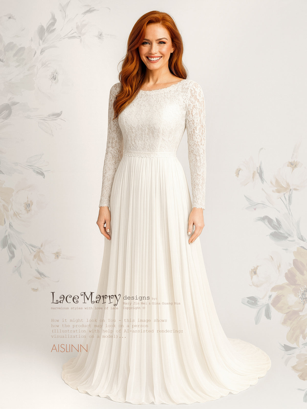 AISLINN / Long-Sleeve Lace &amp; Pleated Chiffon A-Line Wedding Dress