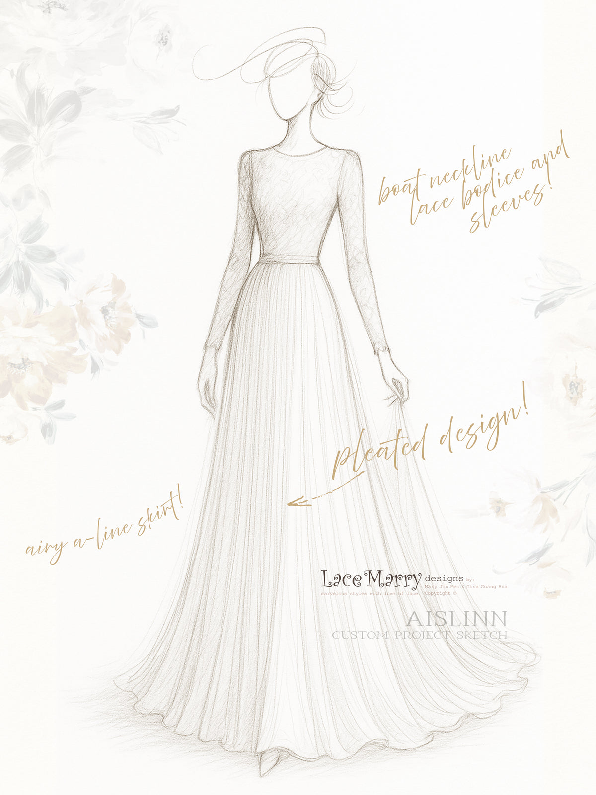 AISLINN / Long-Sleeve Lace &amp; Pleated Chiffon A-Line Wedding Dress