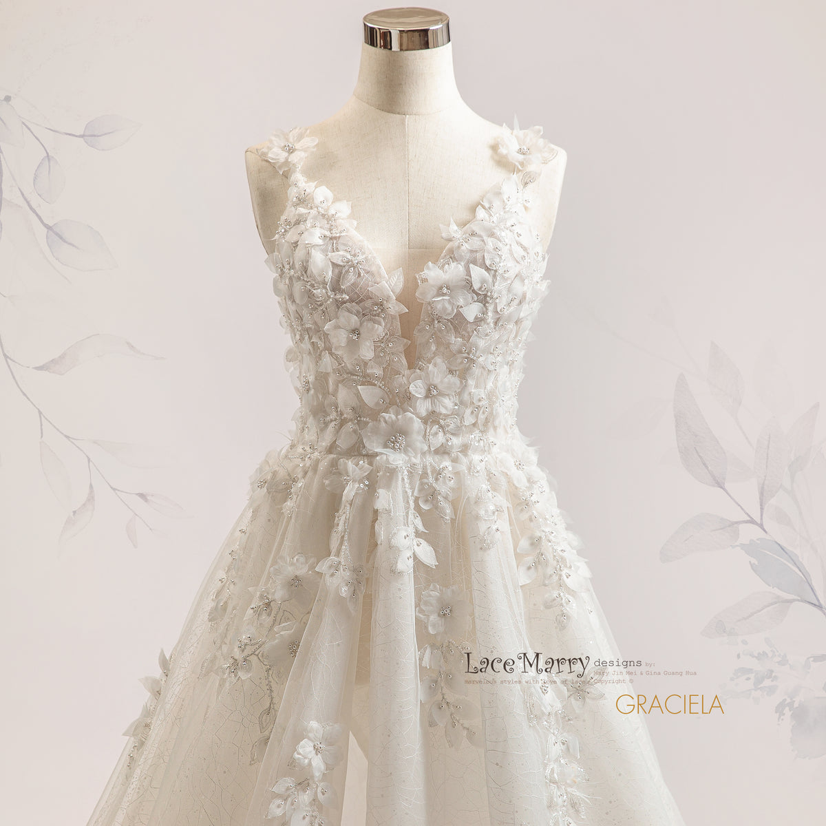 GRACIELA / A Line 3D Floral Wedding Dress with Slit