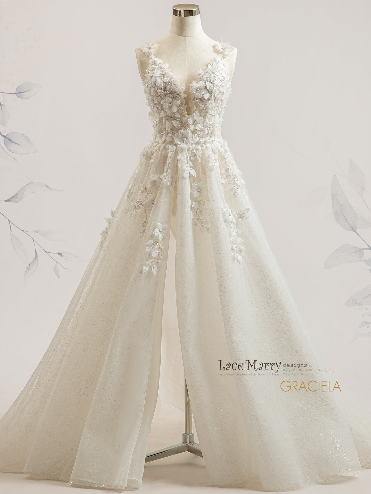 GRACIELA / A Line 3D Floral Wedding Dress with Slit
