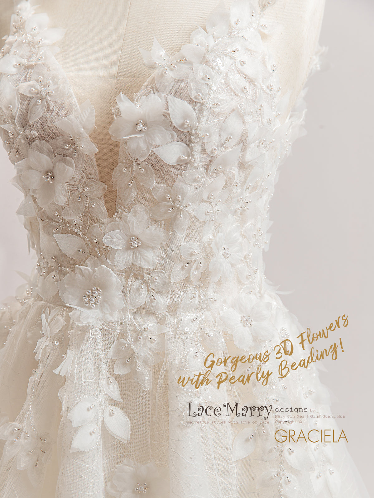 GRACIELA / A Line 3D Floral Wedding Dress with Slit
