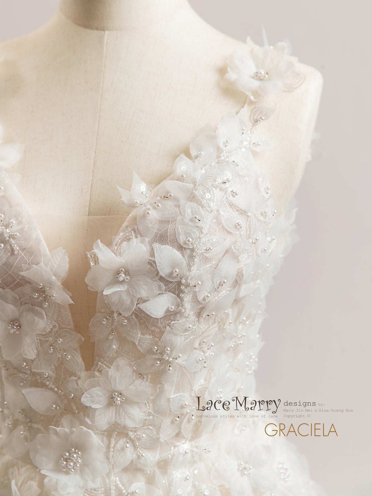 GRACIELA / A Line 3D Floral Wedding Dress with Slit