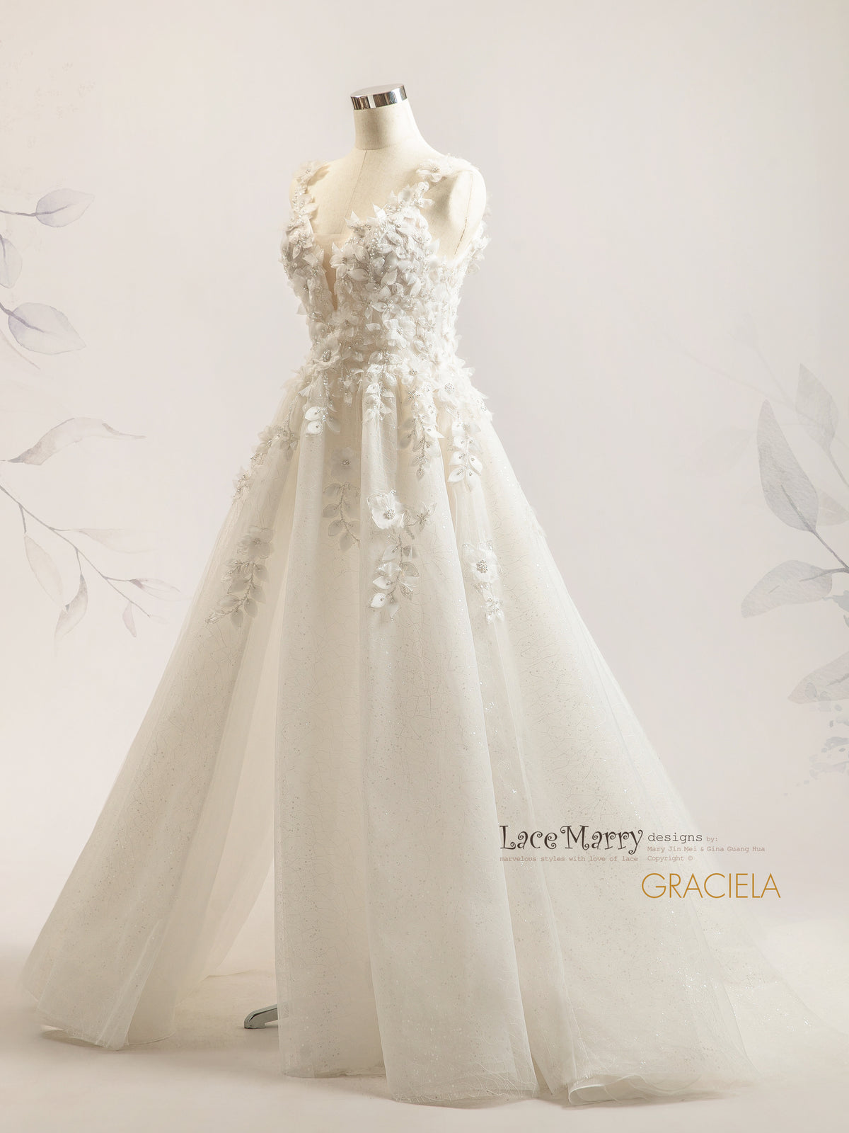 GRACIELA / A Line 3D Floral Wedding Dress with Slit