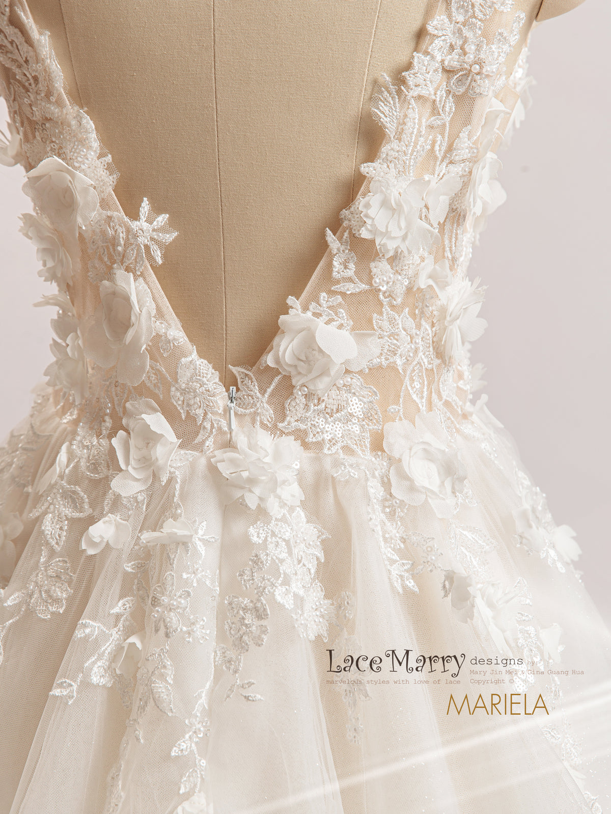 MARIELA / A Line Wedding Dress with 3D Floral Decoration - LaceMarry MARIELA / A Line Wedding Dress with 3D Floral Decoration - LaceMarry
