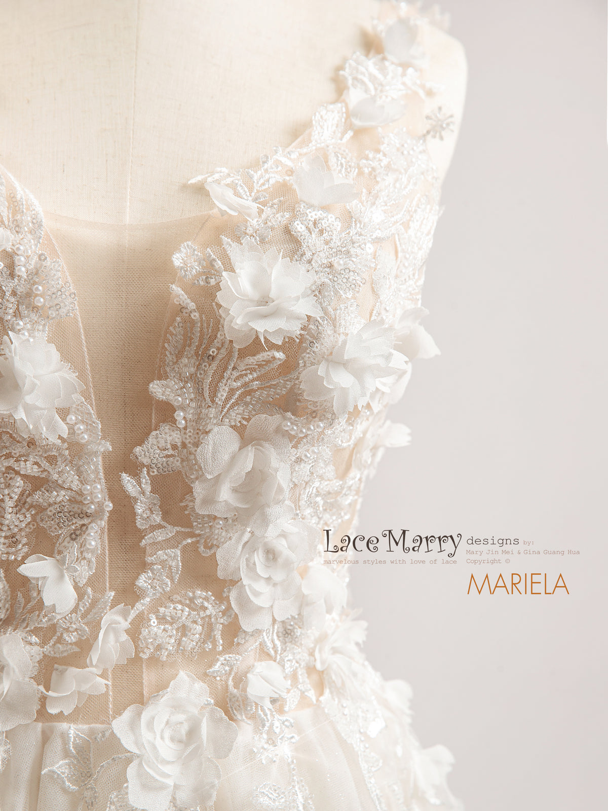 MARIELA / 3D Floral Wedding Dress Featuring A Line Glitter Skirt