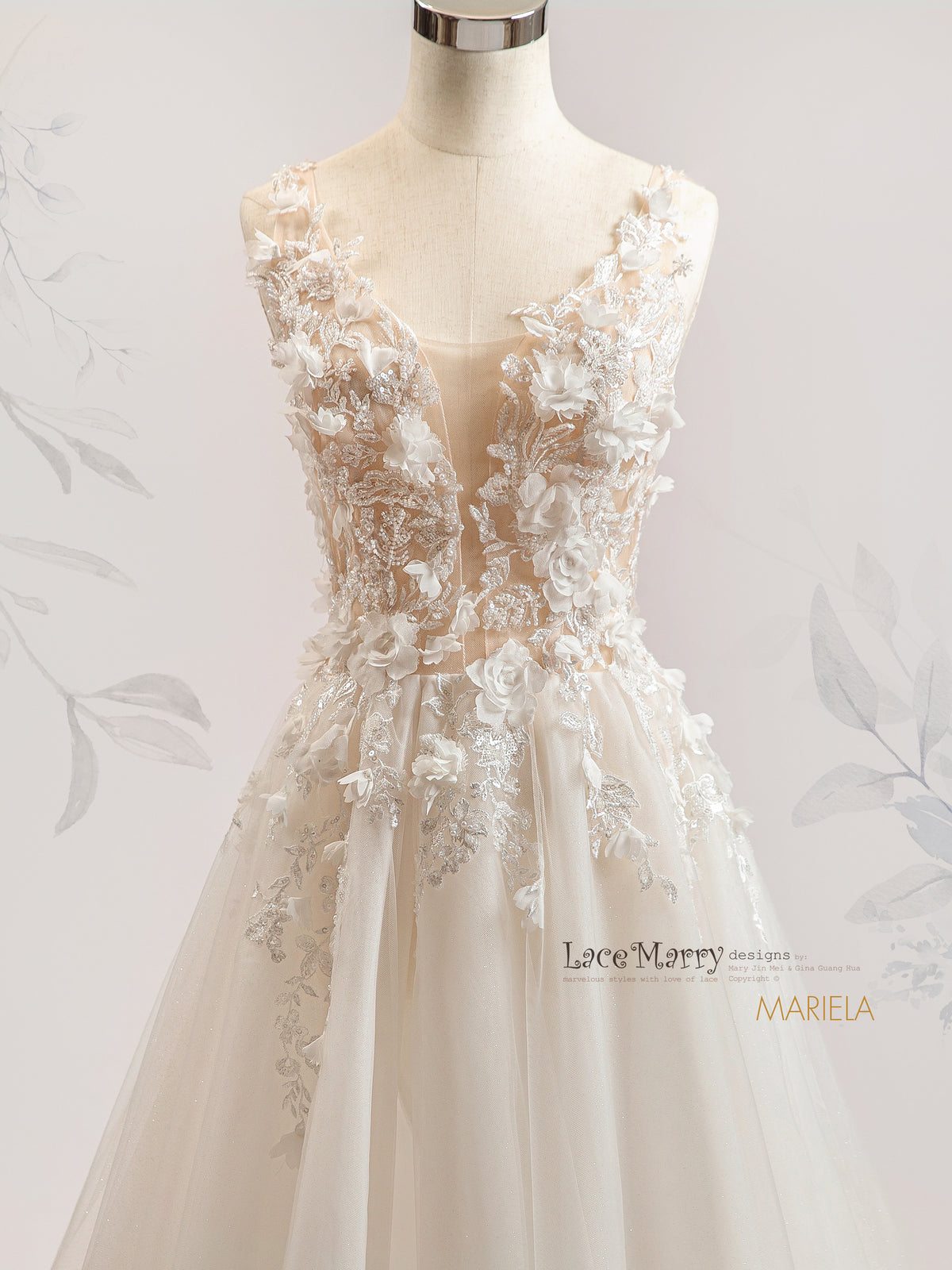 MARIELA / 3D Floral Wedding Dress Featuring A Line Glitter Skirt