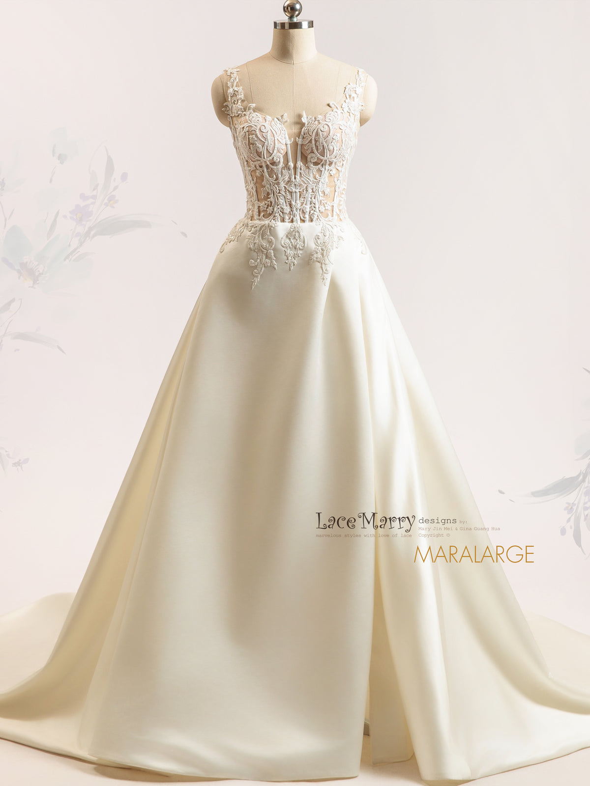 MARALARGE / Satin Skirt A Line Wedding Dress with Slit - LaceMarry MARALARGE / Satin Skirt A Line Wedding Dress with Slit - LaceMarry