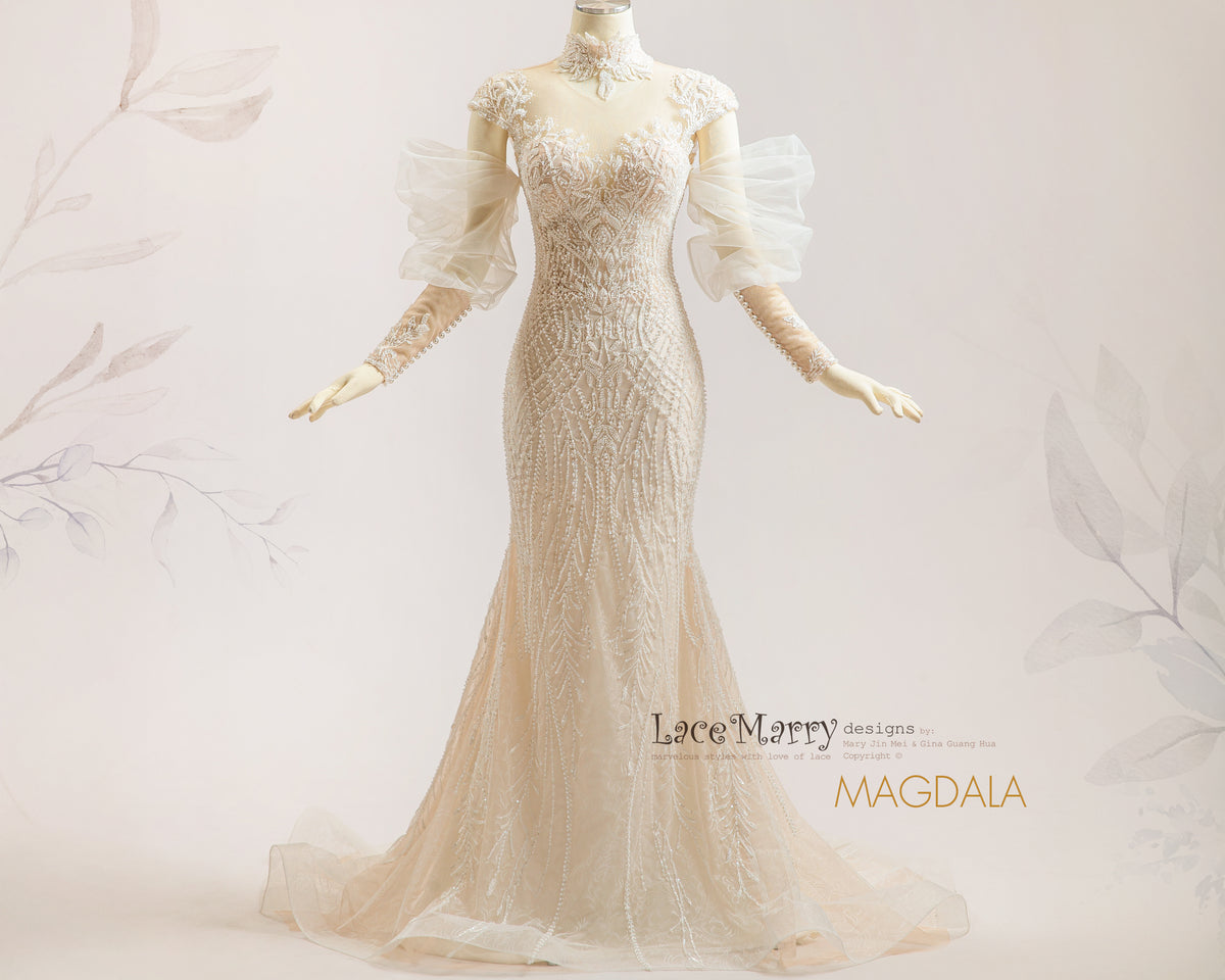 MAGDALA / All-Over Intricate Beading Wedding Dress with Lace Necklace