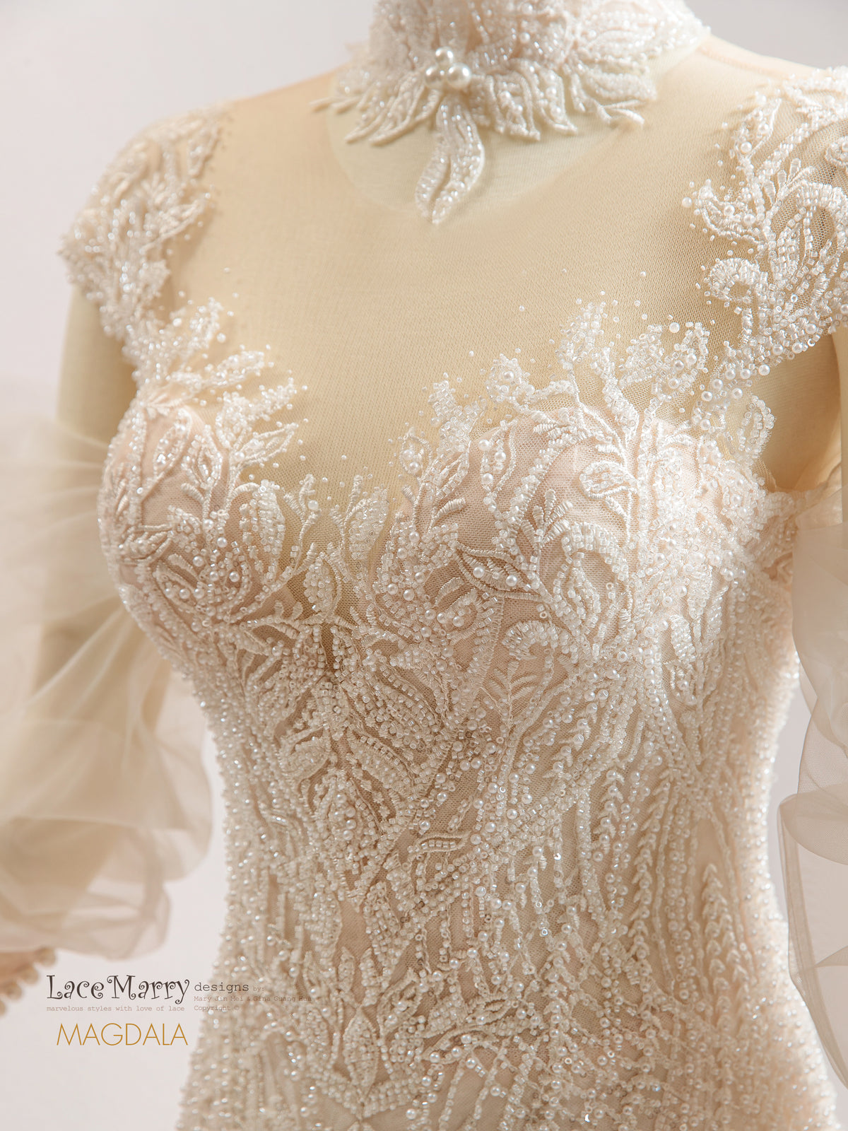 MAGDALA / All-Over Intricate Beading Wedding Dress with Lace Necklace