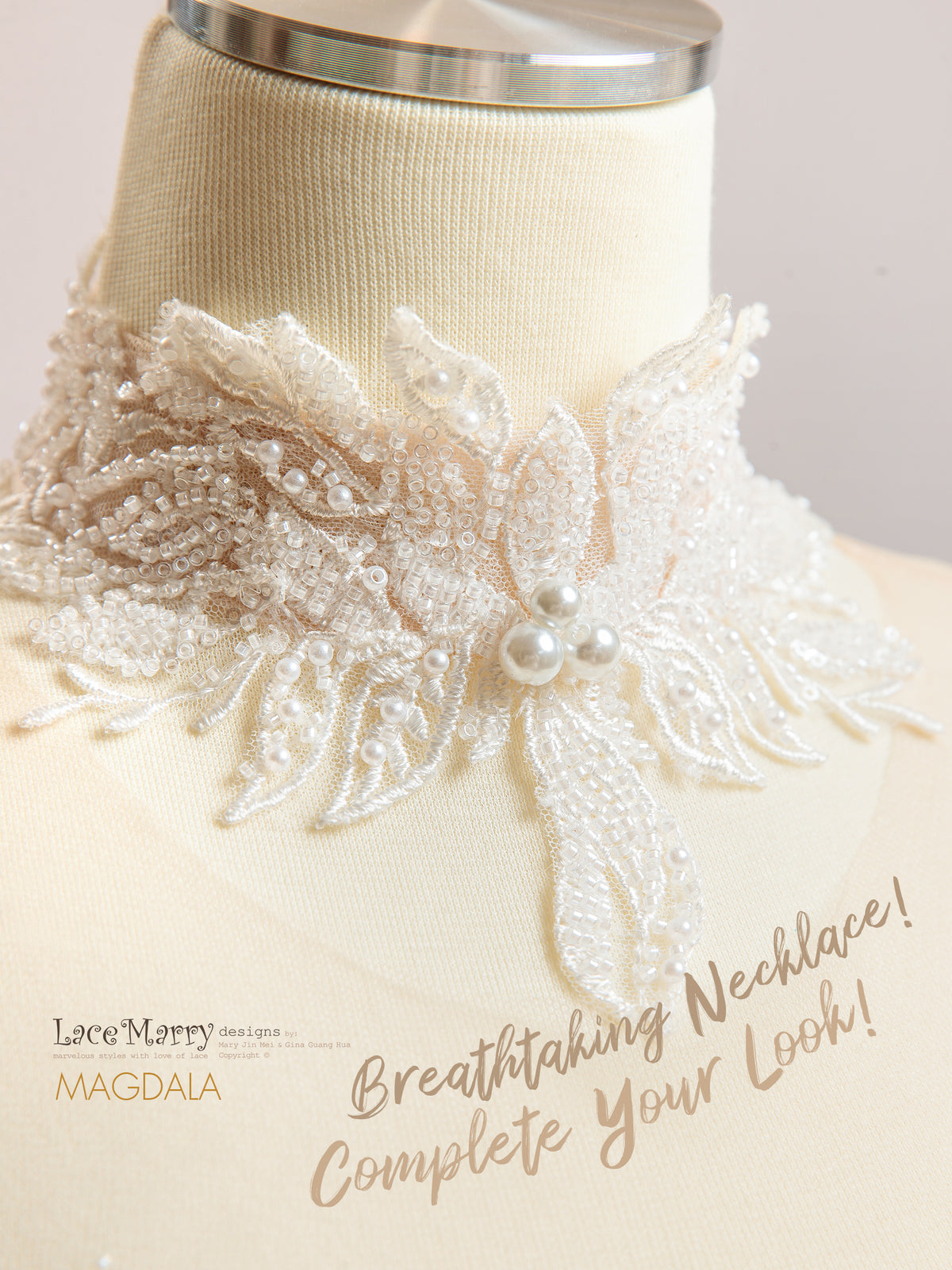 MAGDALA / All-Over Intricate Beading Wedding Dress with Lace Necklace