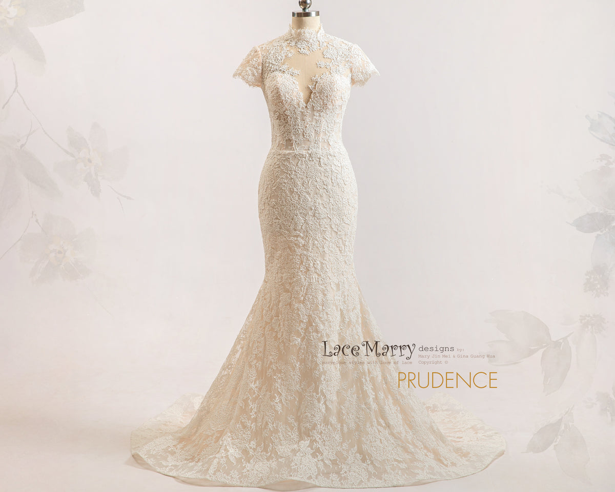 PRUDENCE / Illusion Lace Wedding Dress with V Neck and Cap Sleeves