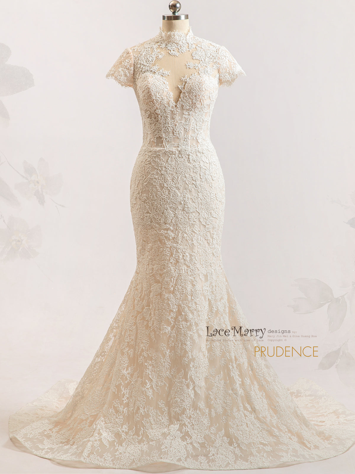 PRUDENCE / Illusion Lace Wedding Dress with V Neck and Cap Sleeves