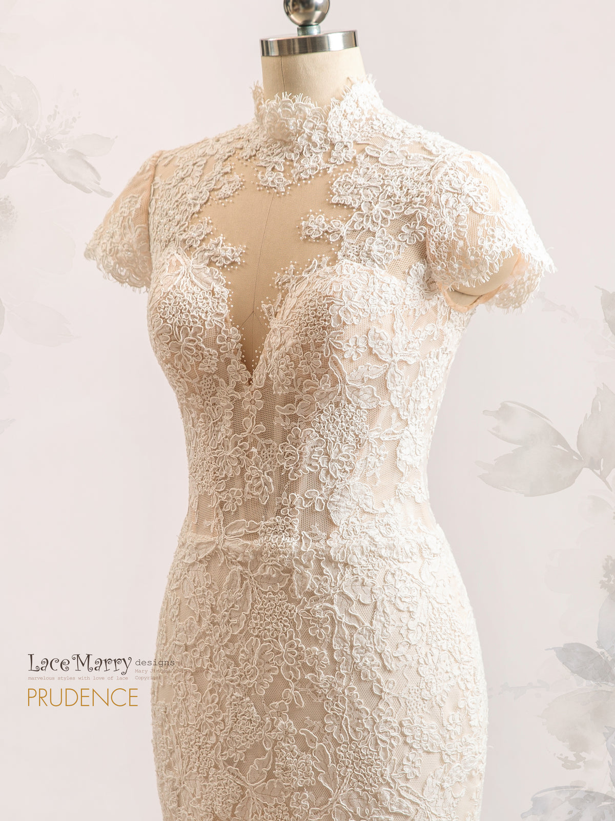 PRUDENCE / Illusion Lace Wedding Dress with V Neck and Cap Sleeves