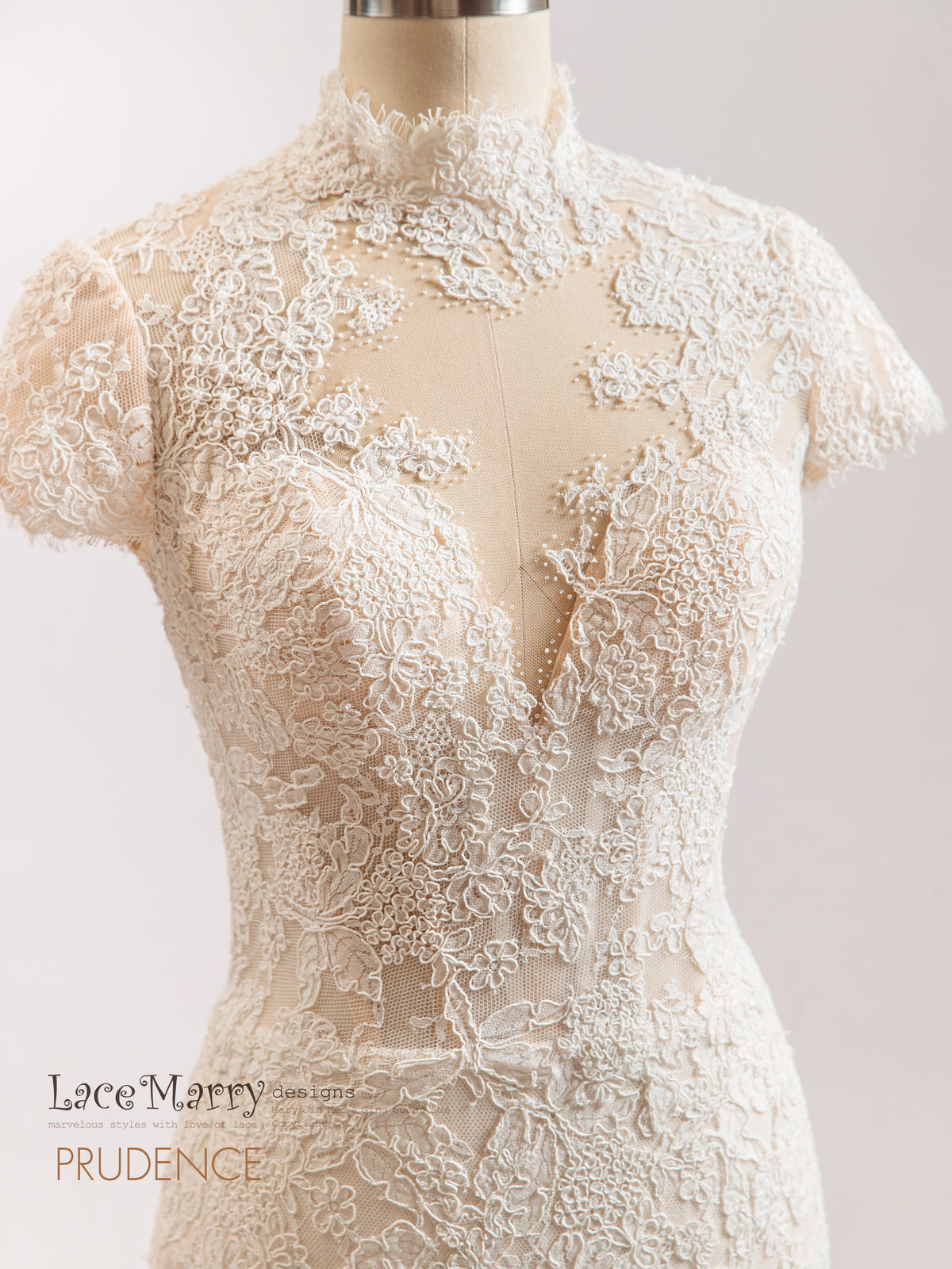 PRUDENCE / Illusion Lace Wedding Dress with V Neck and Cap Sleeves