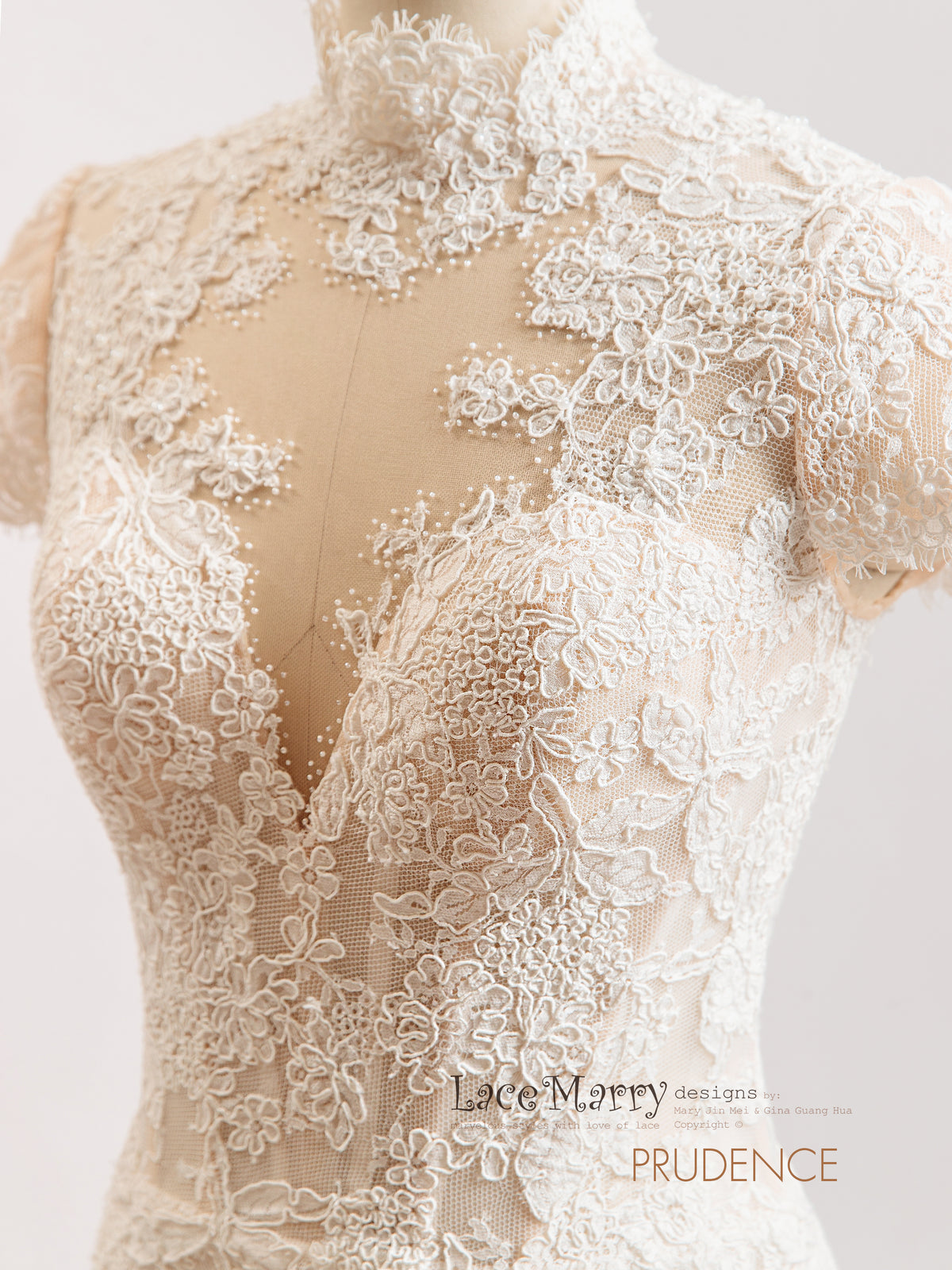 PRUDENCE / Illusion Lace Wedding Dress with V Neck and Cap Sleeves