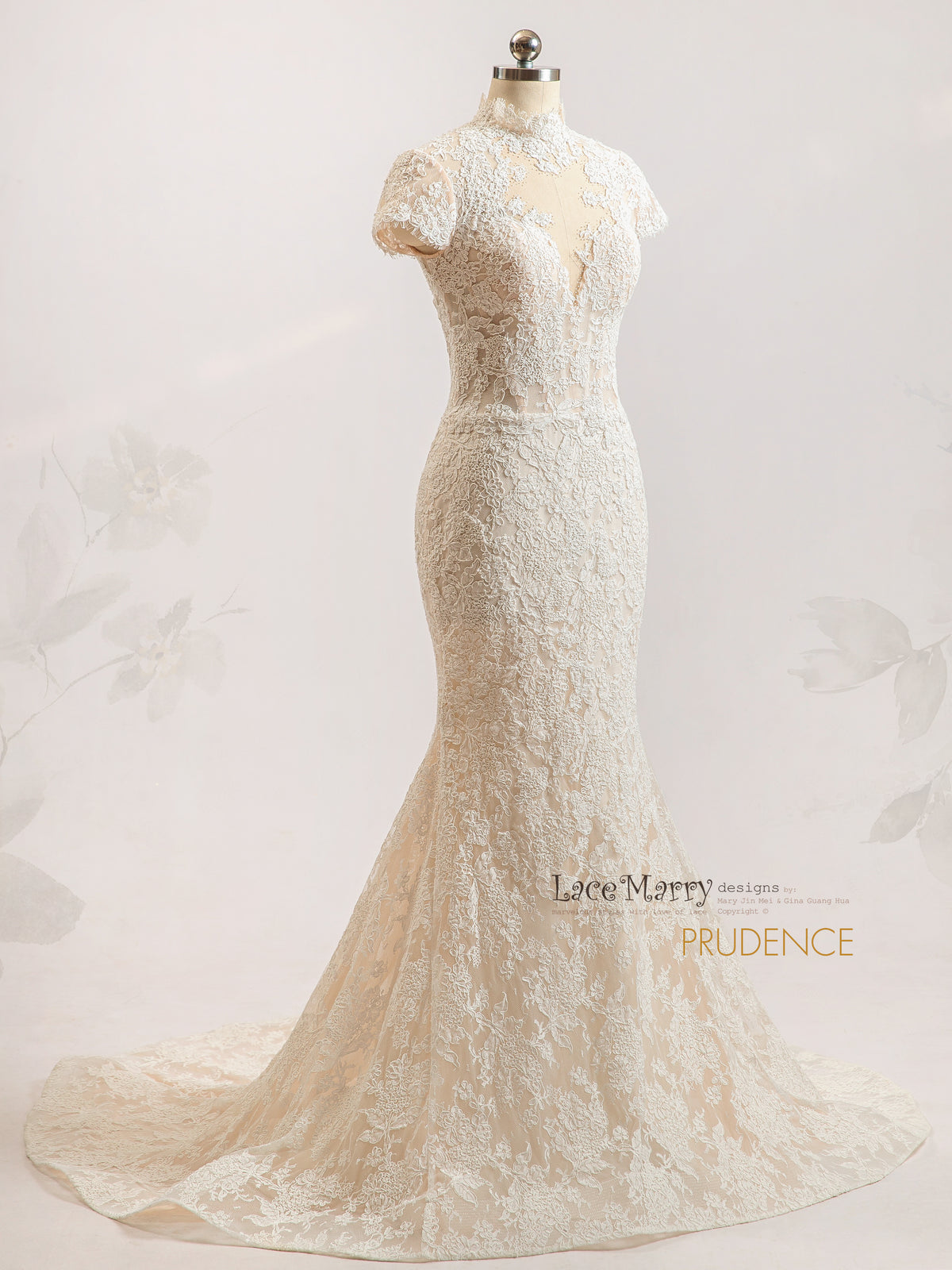 PRUDENCE / Illusion Lace Wedding Dress with V Neck and Cap Sleeves
