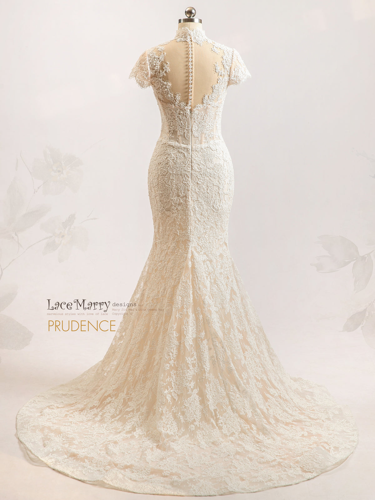 PRUDENCE / Illusion Lace Wedding Dress with V Neck and Cap Sleeves