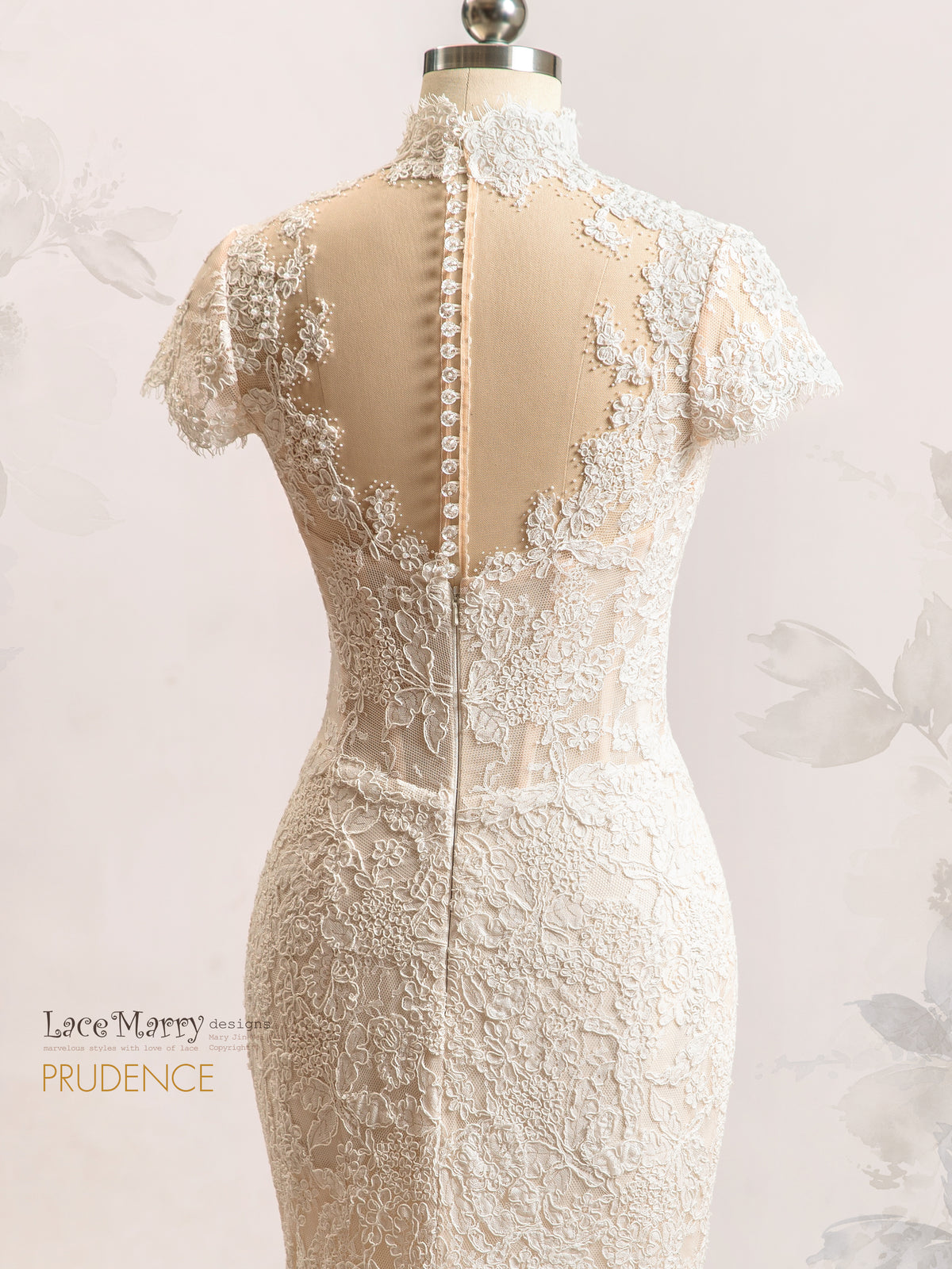 PRUDENCE / Illusion Lace Wedding Dress with V Neck and Cap Sleeves