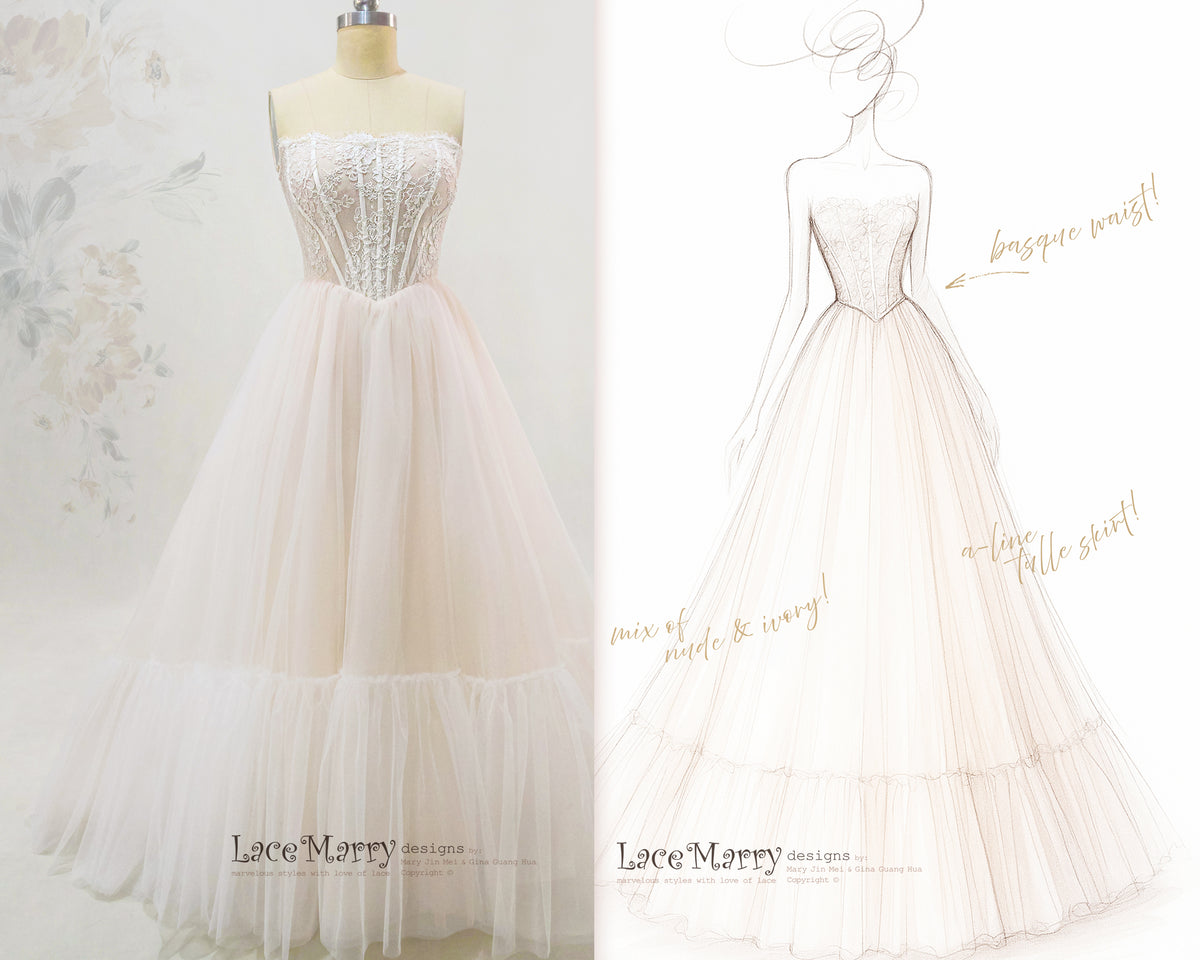 FLORETTE / Corset Bodice Tulle Wedding Dress with Basque Waistline