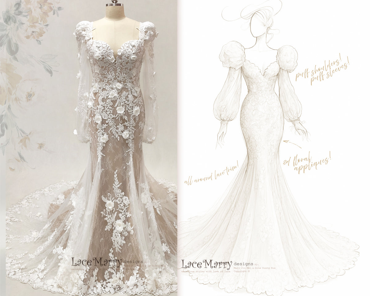 JORDAN / 3D Floral Lace Wedding Dress with Long Sleeves