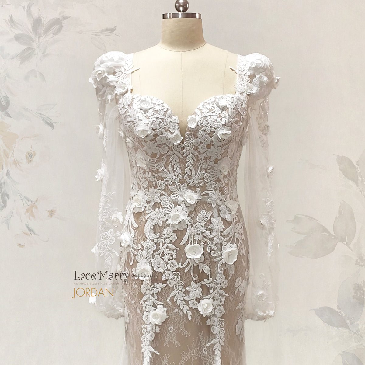 JORDAN / 3D Floral Lace Wedding Dress with Long Sleeves