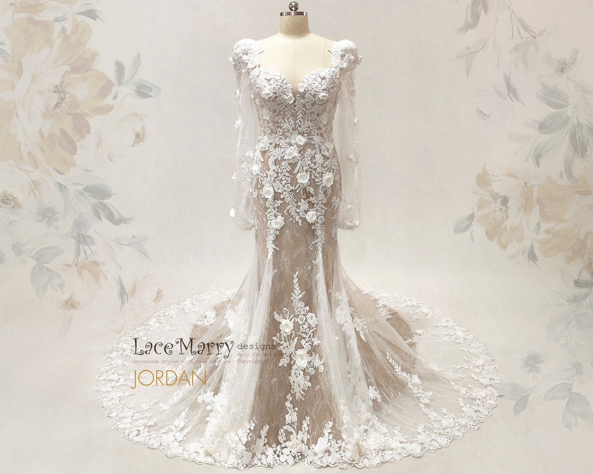 JORDAN / 3D Floral Lace Wedding Dress with Long Sleeves
