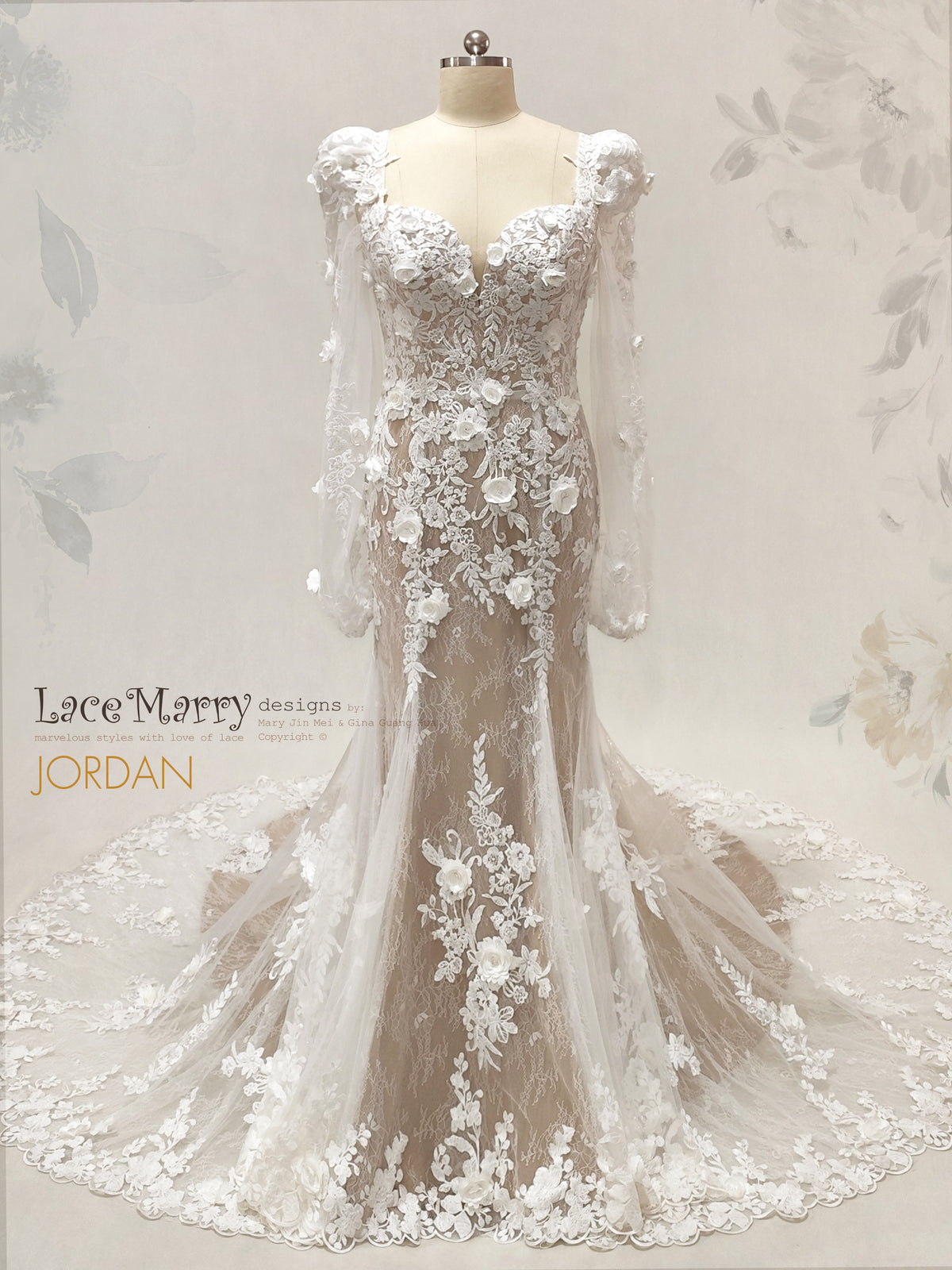 JORDAN / 3D Floral Lace Wedding Dress with Long Sleeves