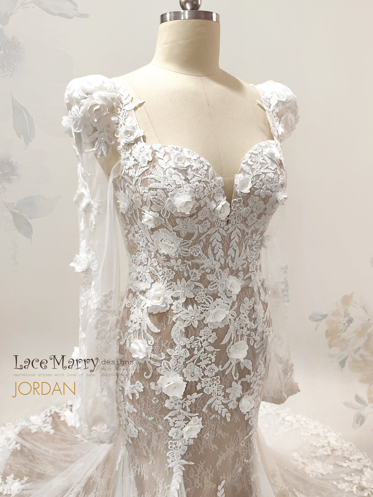 JORDAN / 3D Floral Lace Wedding Dress with Long Sleeves