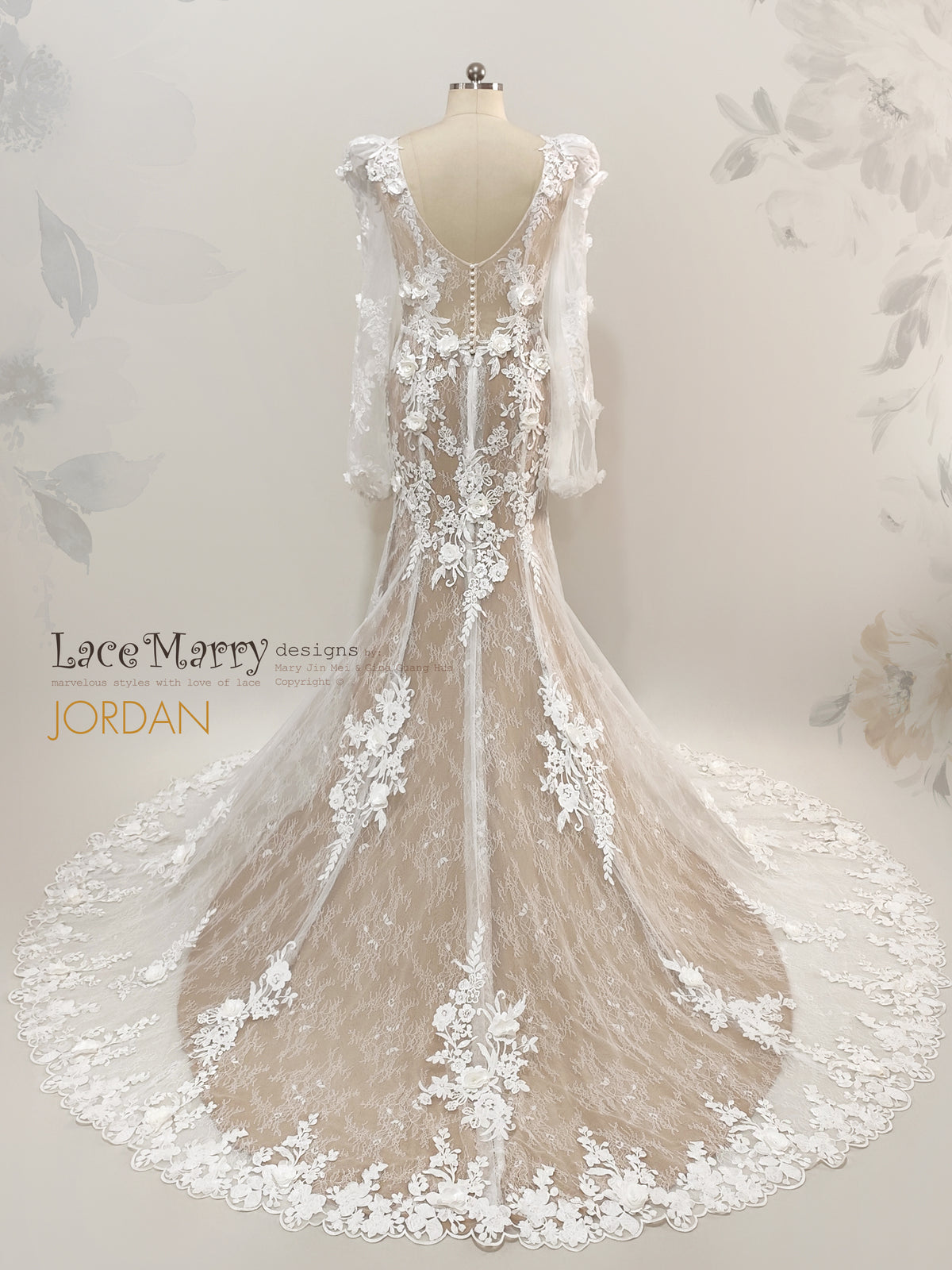 JORDAN / 3D Floral Lace Wedding Dress with Long Sleeves
