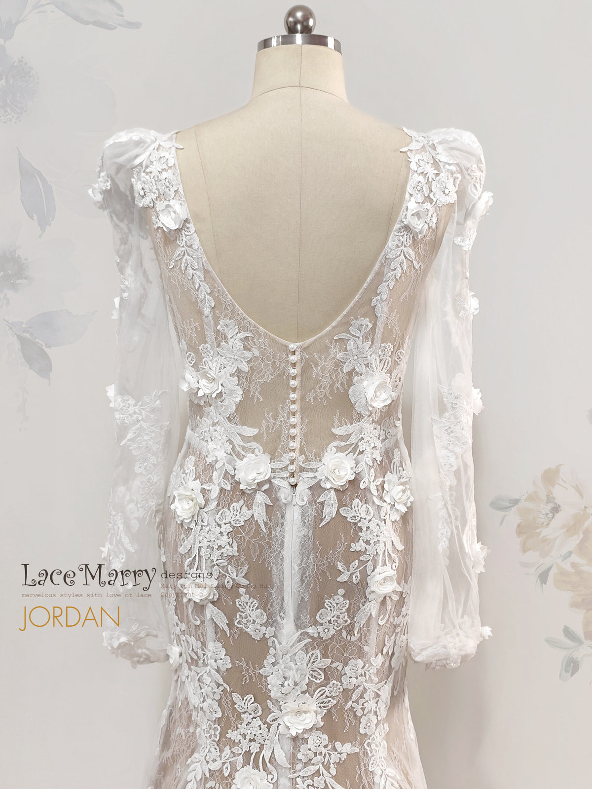 JORDAN / 3D Floral Lace Wedding Dress with Long Sleeves
