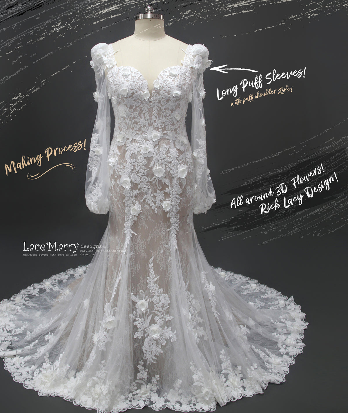JORDAN / 3D Floral Lace Wedding Dress with Long Sleeves