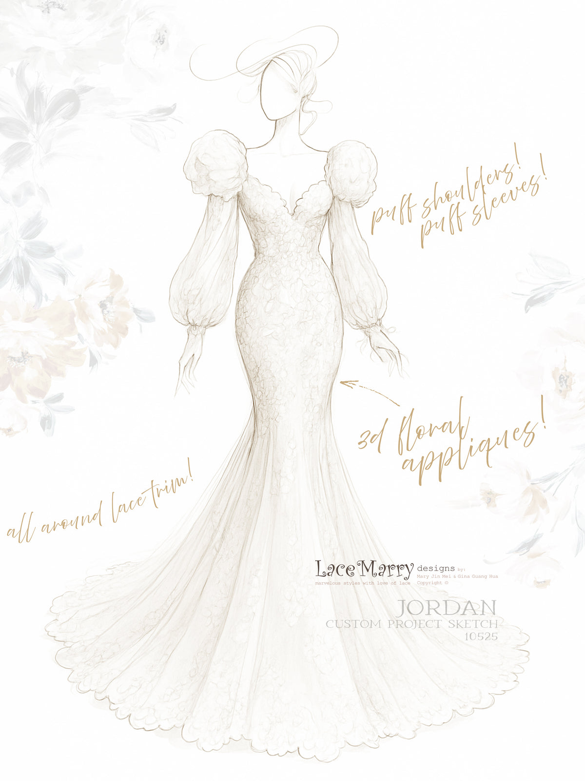 JORDAN / 3D Floral Lace Wedding Dress with Long Sleeves