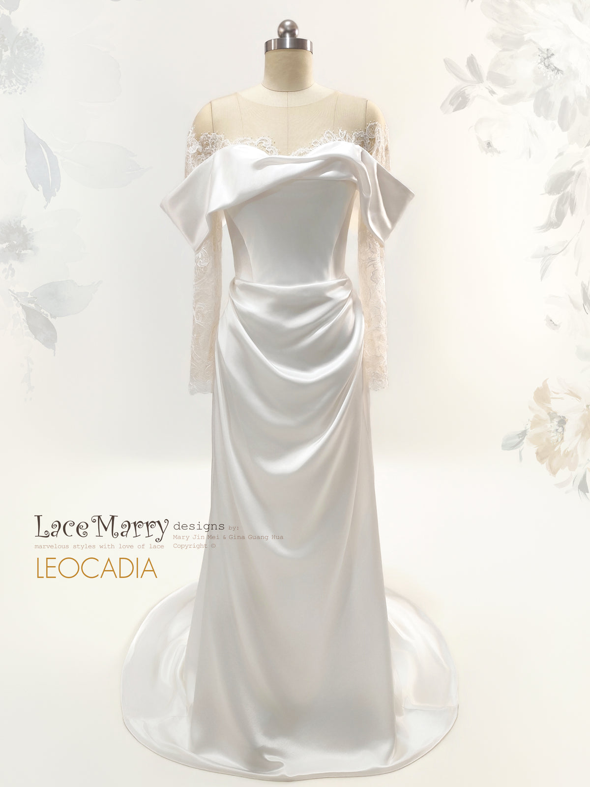 LEOCADIA / Draped Satin Skirt Wedding Dress with Off Shoulder Lace Sleeves