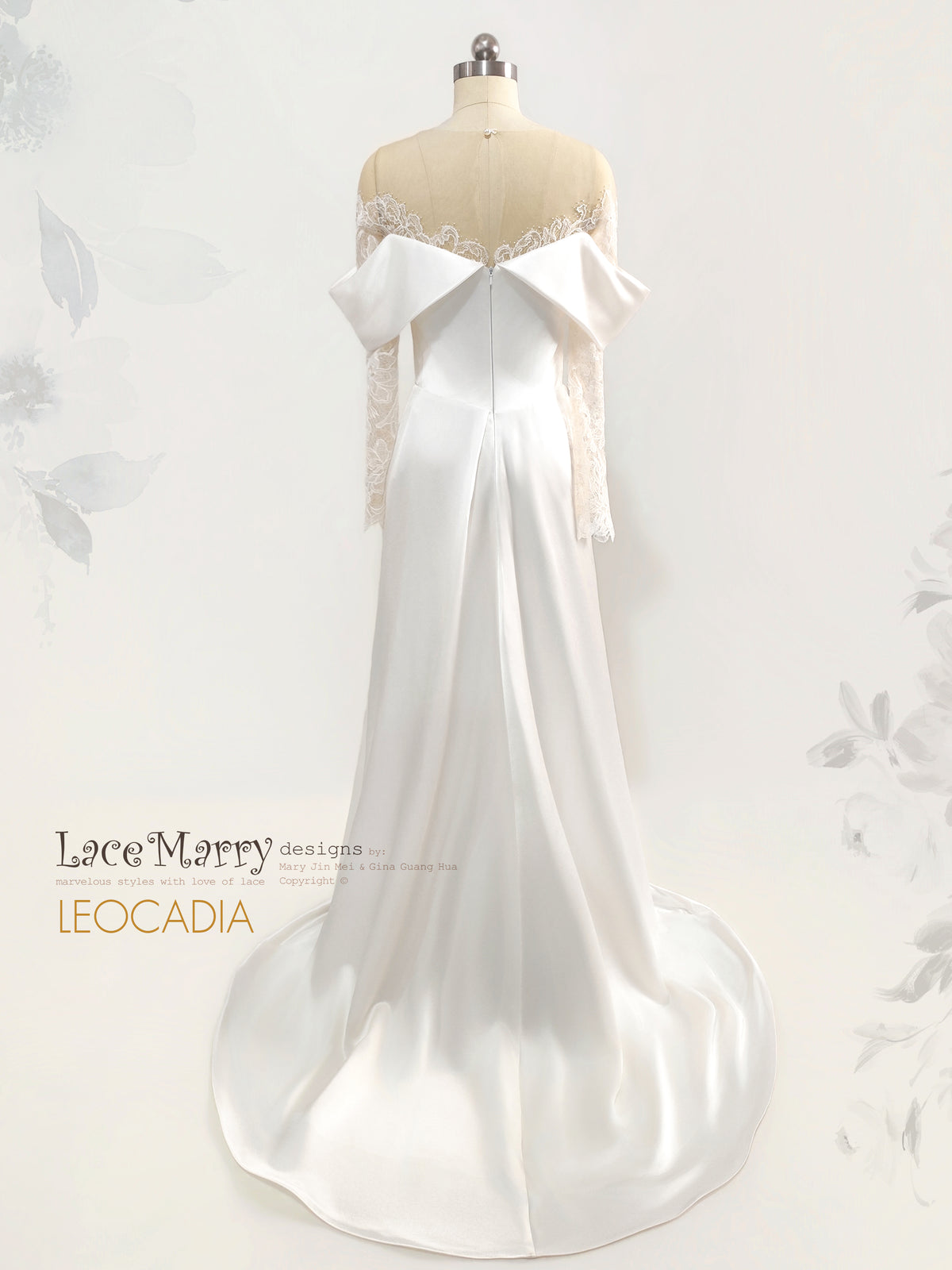 LEOCADIA / Draped Satin Skirt Wedding Dress with Off Shoulder Lace Sleeves