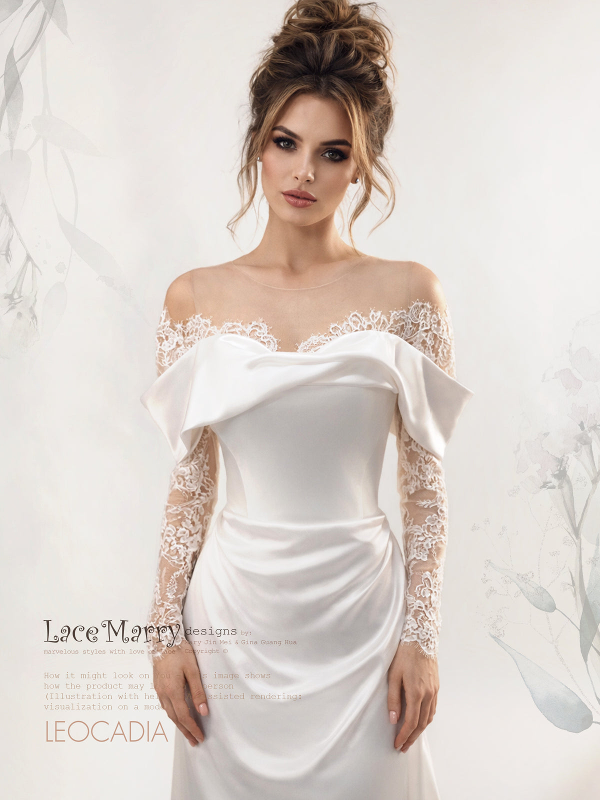 LEOCADIA / Draped Satin Skirt Wedding Dress with Off Shoulder Lace Sleeves