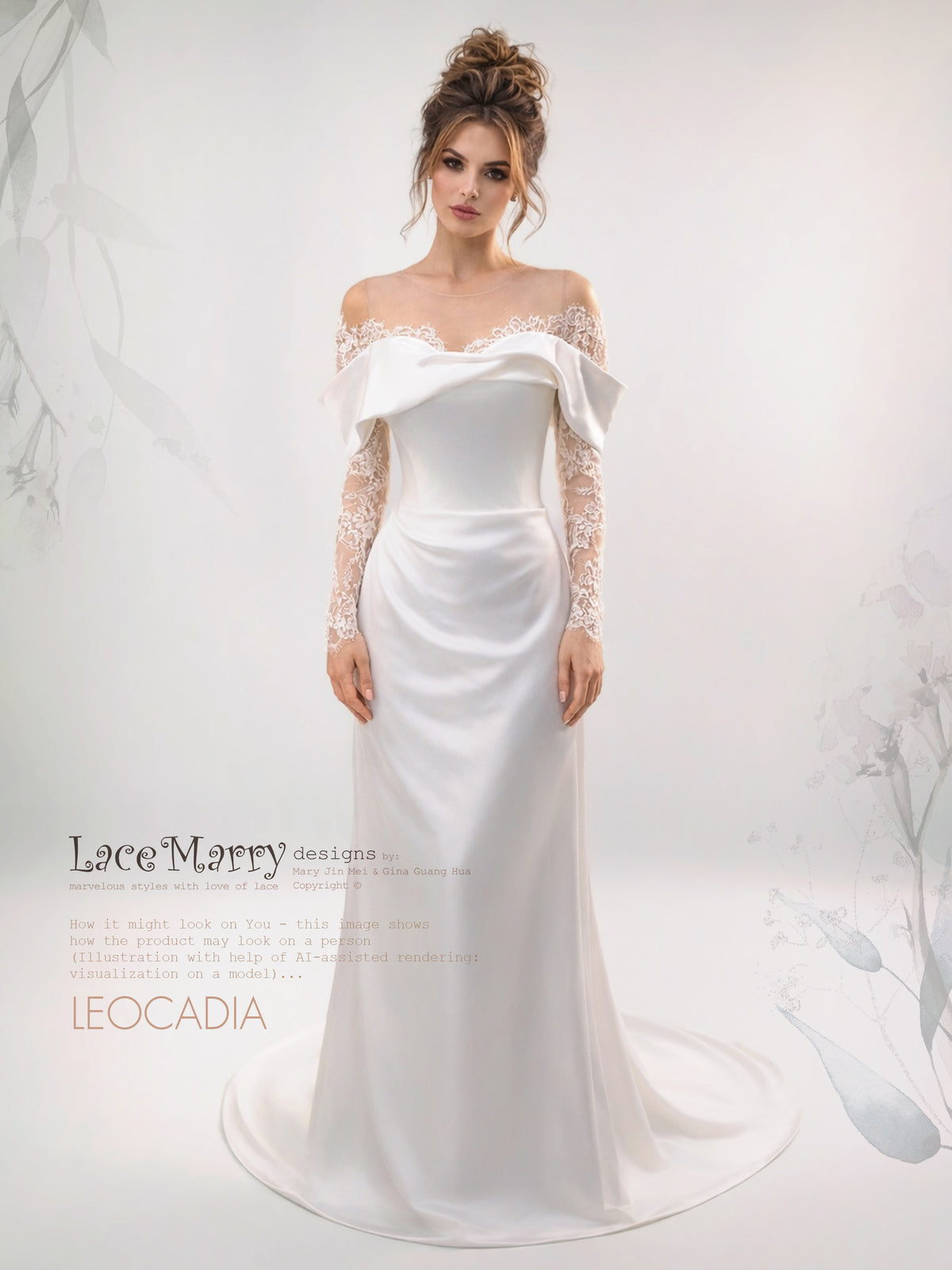 LEOCADIA / Draped Satin Skirt Wedding Dress with Off Shoulder Lace Sleeves