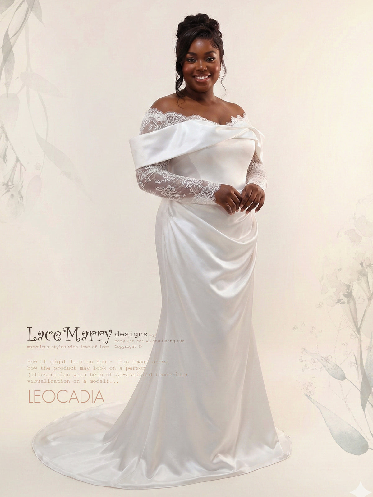 LEOCADIA / Draped Satin Skirt Wedding Dress with Off Shoulder Lace Sleeves