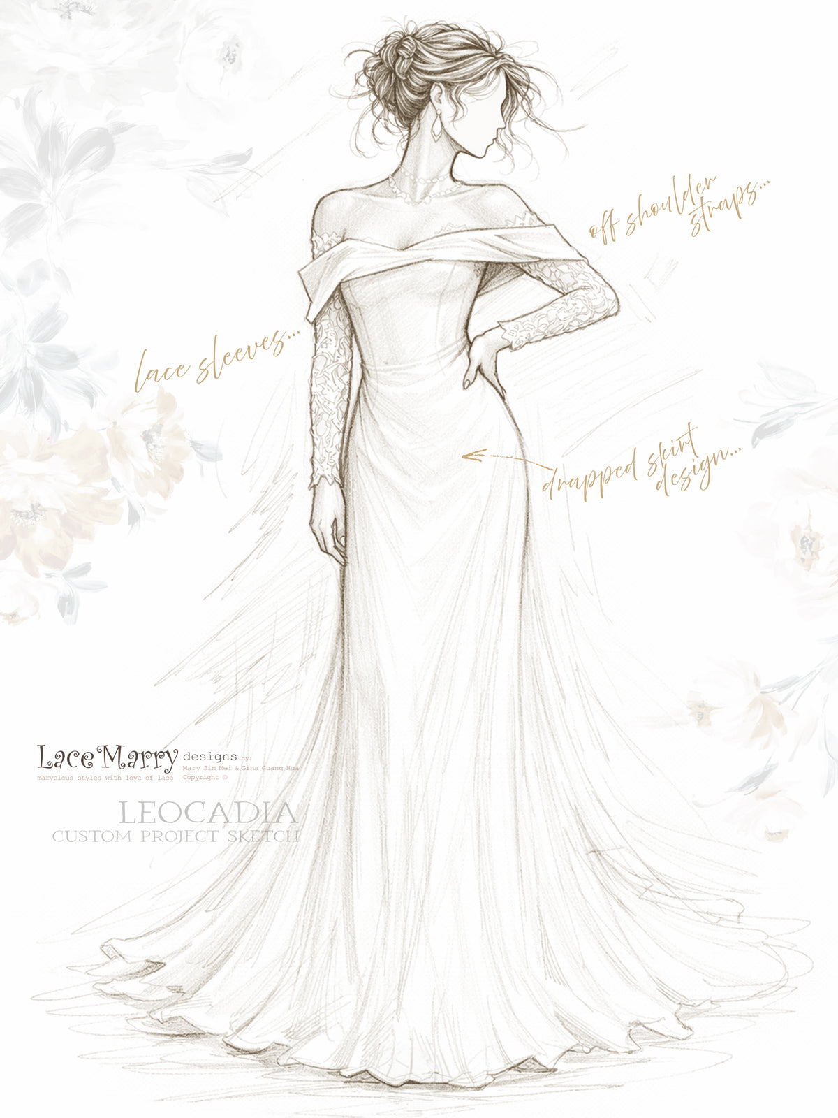 LEOCADIA / Draped Satin Skirt Wedding Dress with Off Shoulder Lace Sleeves